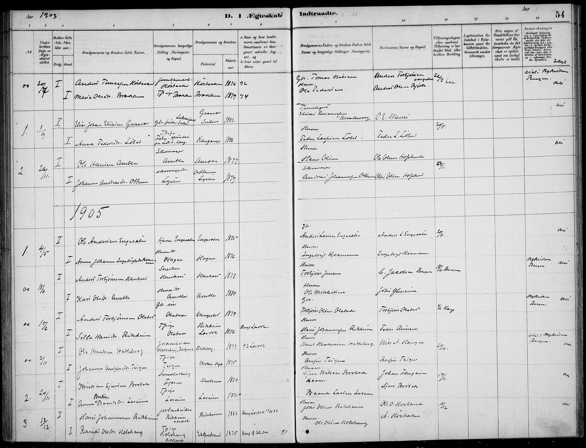 Sogndal sokneprestembete, AV/SAB-A-81301/H/Haa/Haad/L0001: Ministerialbok nr. D  1, 1878-1907, s. 54