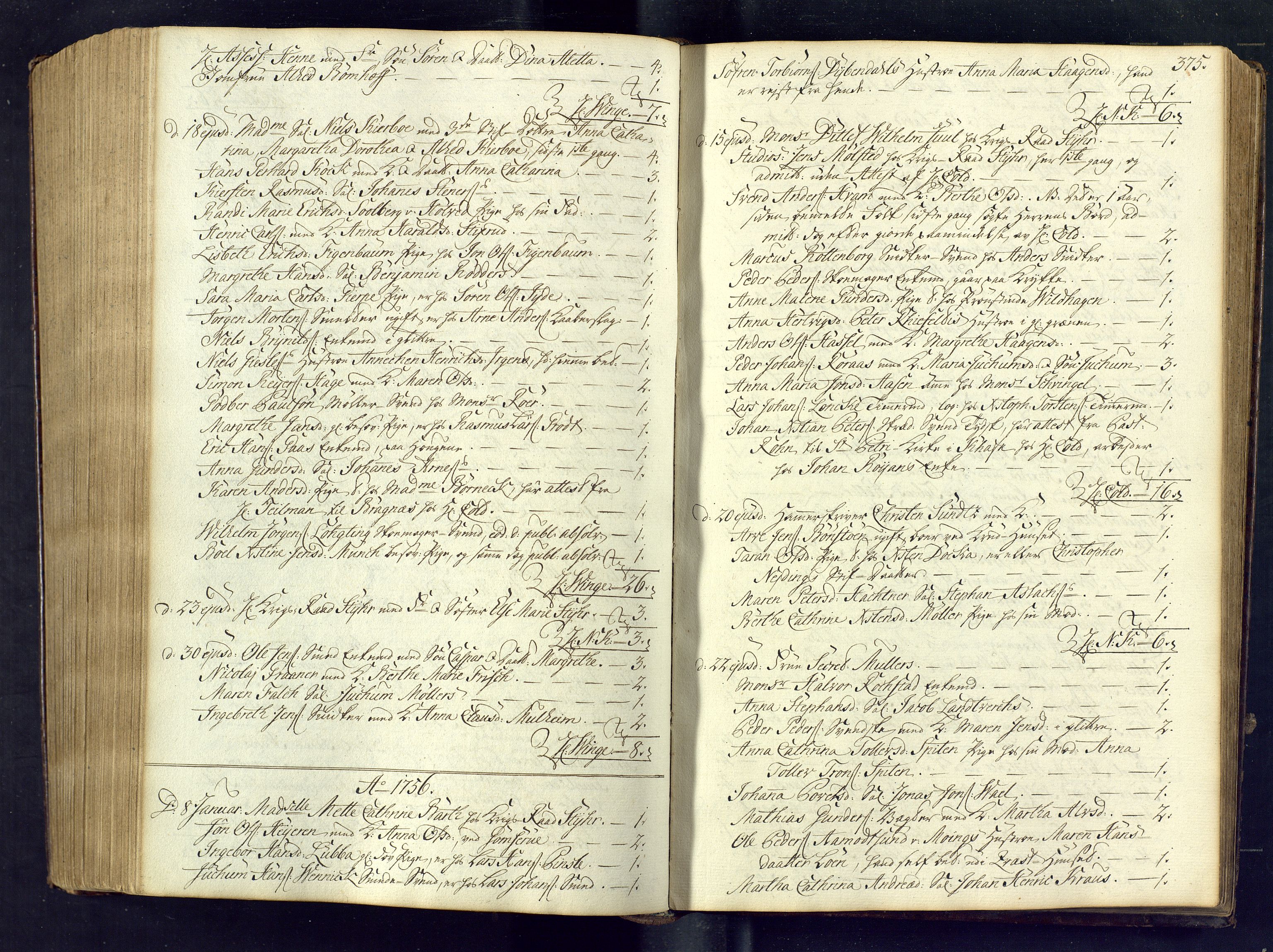 Kongsberg kirkebøker, AV/SAKO-A-22/M/Ma/L0005: Kommunikantprotokoll nr. 5, 1755-1761, s. 375