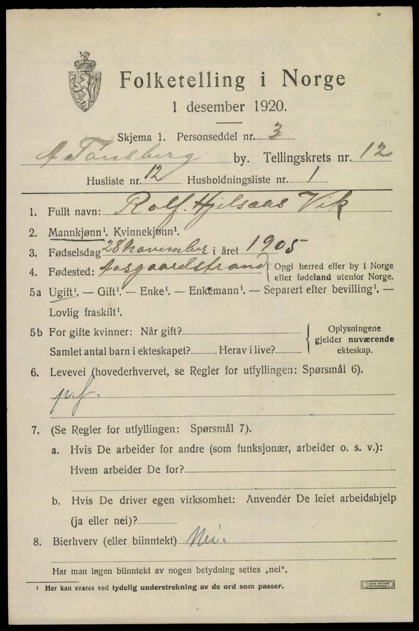 SAKO, Folketelling 1920 for 0705 Tønsberg kjøpstad, 1920, s. 20193