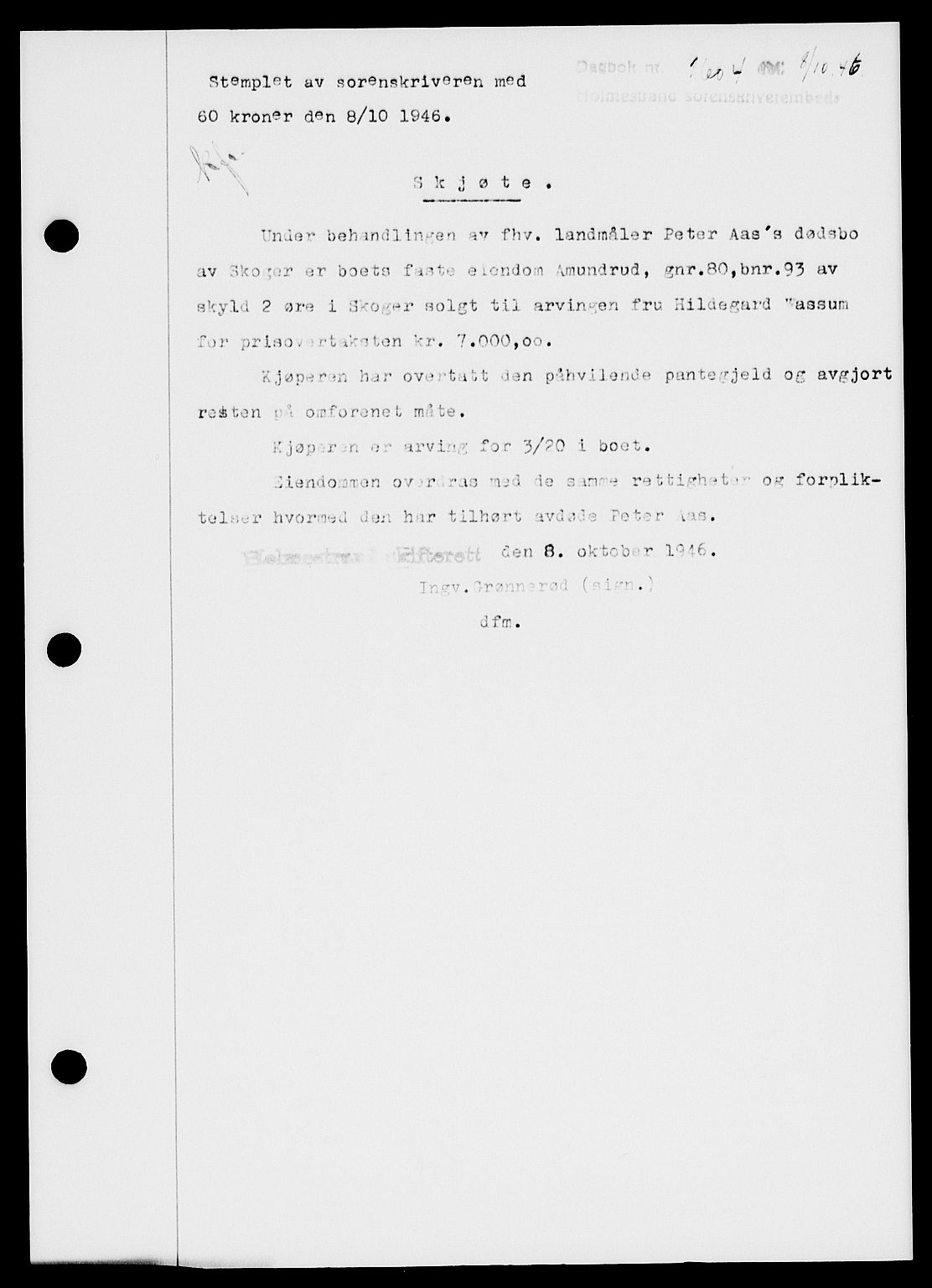 Holmestrand sorenskriveri, SAKO/A-67/G/Ga/Gaa/L0061: Pantebok nr. A-61, 1946-1947, Dagboknr: 1604/1946