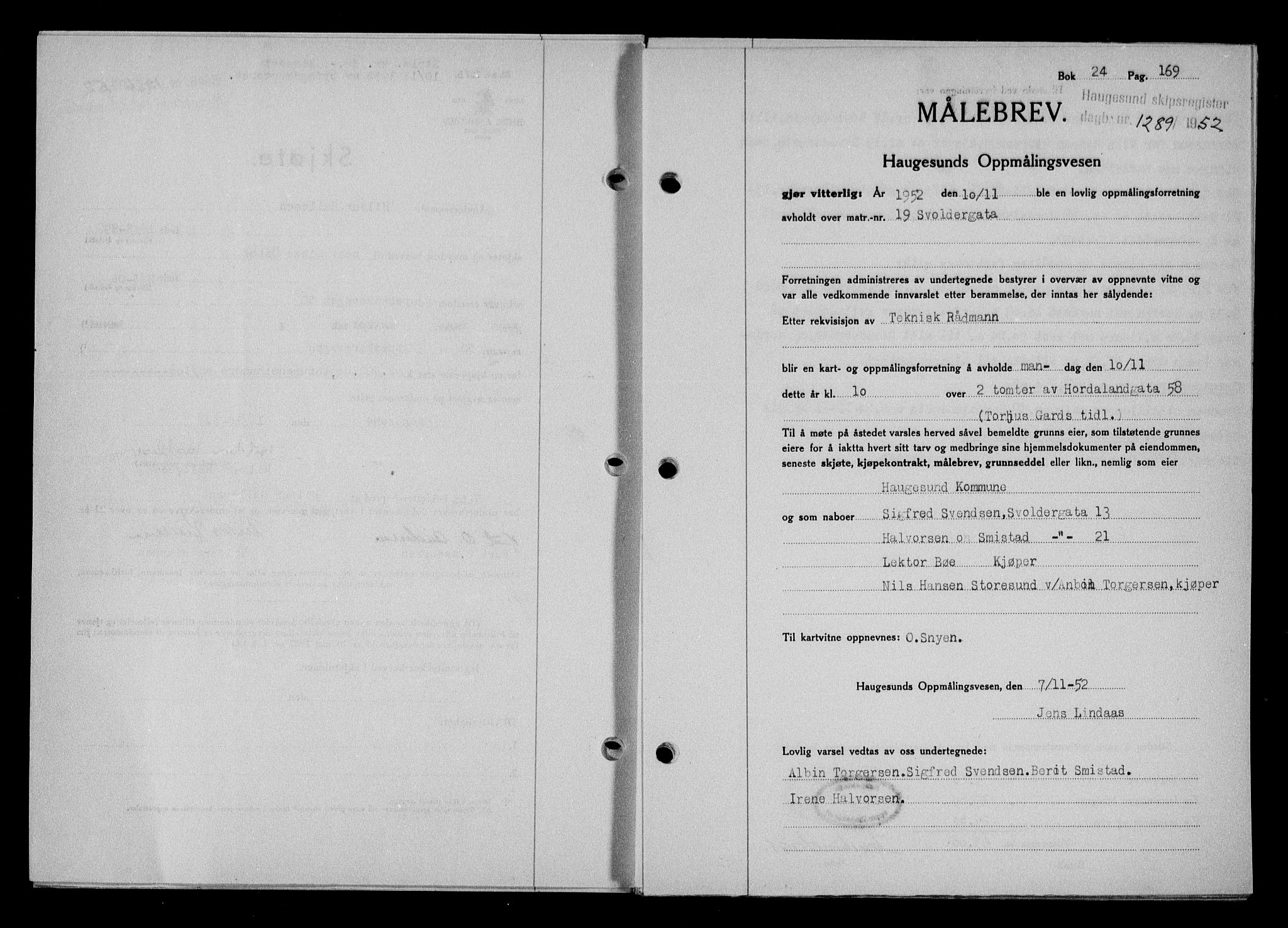 Haugesund tingrett, SAST/A-101415/01/II/IIC/L0065: Pantebok nr. A 6, 1951-1953, Dagboknr: 1289/1952