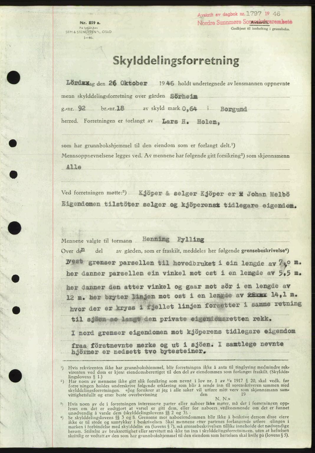 Nordre Sunnmøre sorenskriveri, SAT/A-0006/1/2/2C/2Ca: Pantebok nr. A22, 1946-1946, Dagboknr: 1797/1946