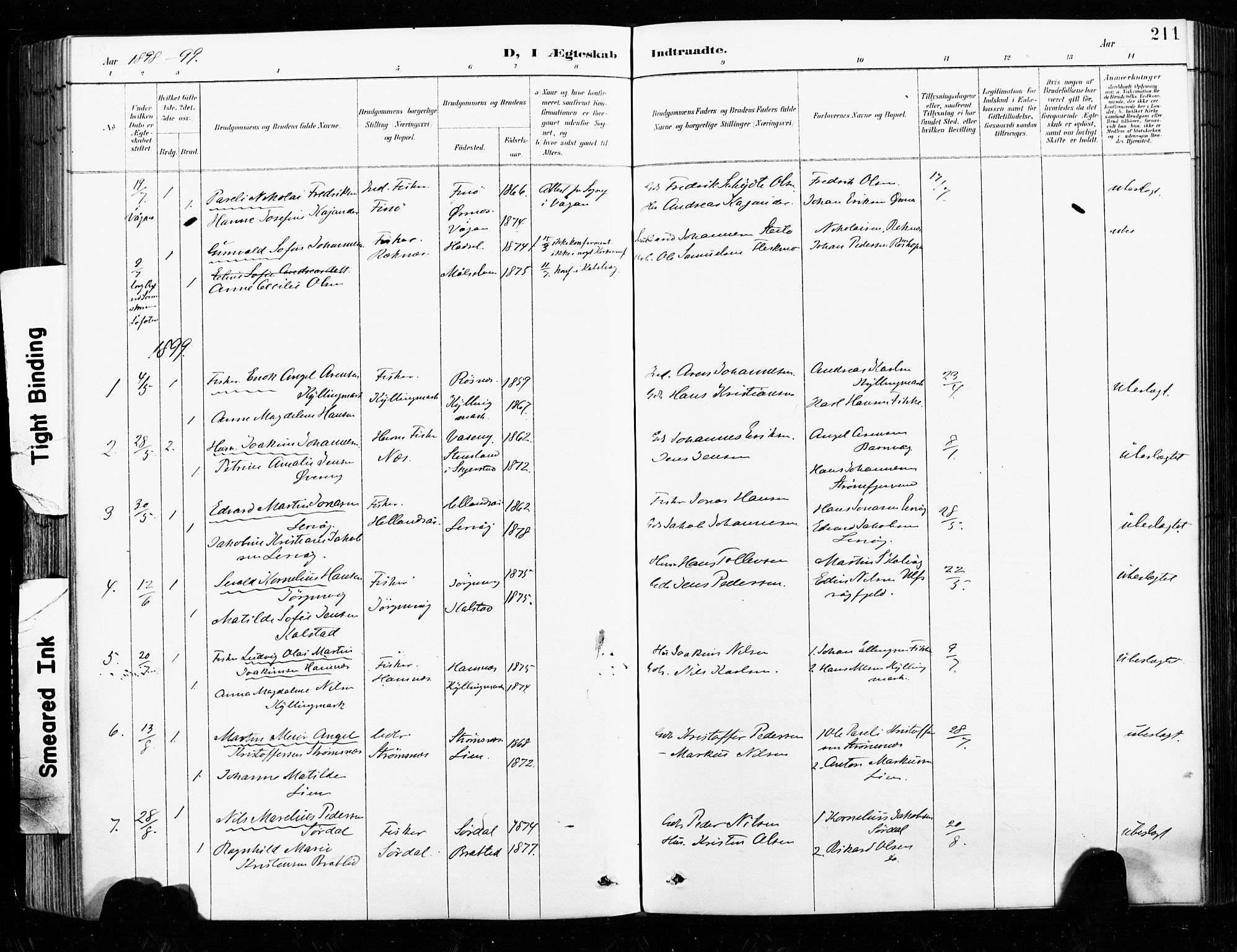 Ministerialprotokoller, klokkerbøker og fødselsregistre - Nordland, SAT/A-1459/859/L0847: Ministerialbok nr. 859A07, 1890-1899, s. 211