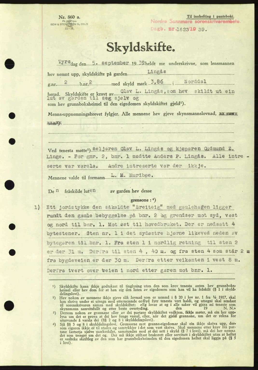 Nordre Sunnmøre sorenskriveri, SAT/A-0006/1/2/2C/2Ca: Pantebok nr. A7, 1939-1939, Dagboknr: 1623/1939