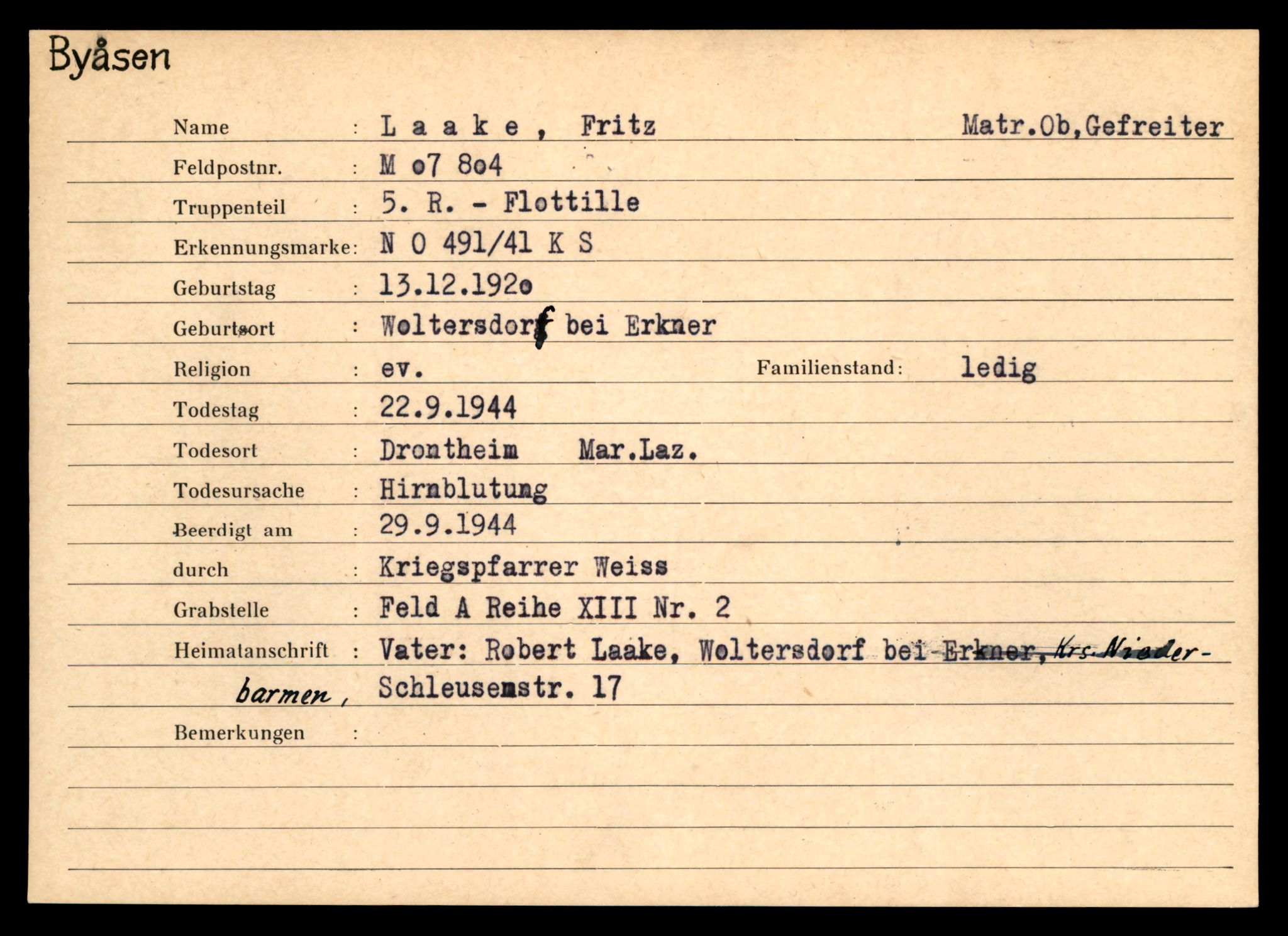 Distriktskontoret for krigsgraver, SAT/A-5030/E/L0004: Kasett/kartotek over tysk Krigskirkegård på Byåsen, 1945, s. 973