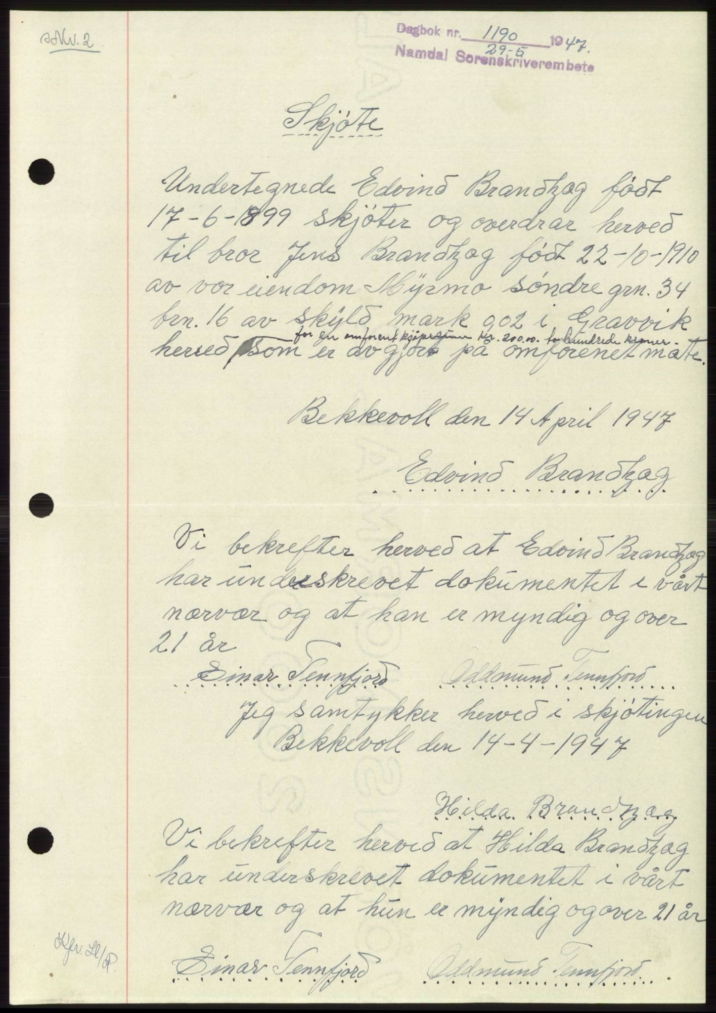 Namdal sorenskriveri, SAT/A-4133/1/2/2C: Pantebok nr. -, 1947-1947, Dagboknr: 1190/1947