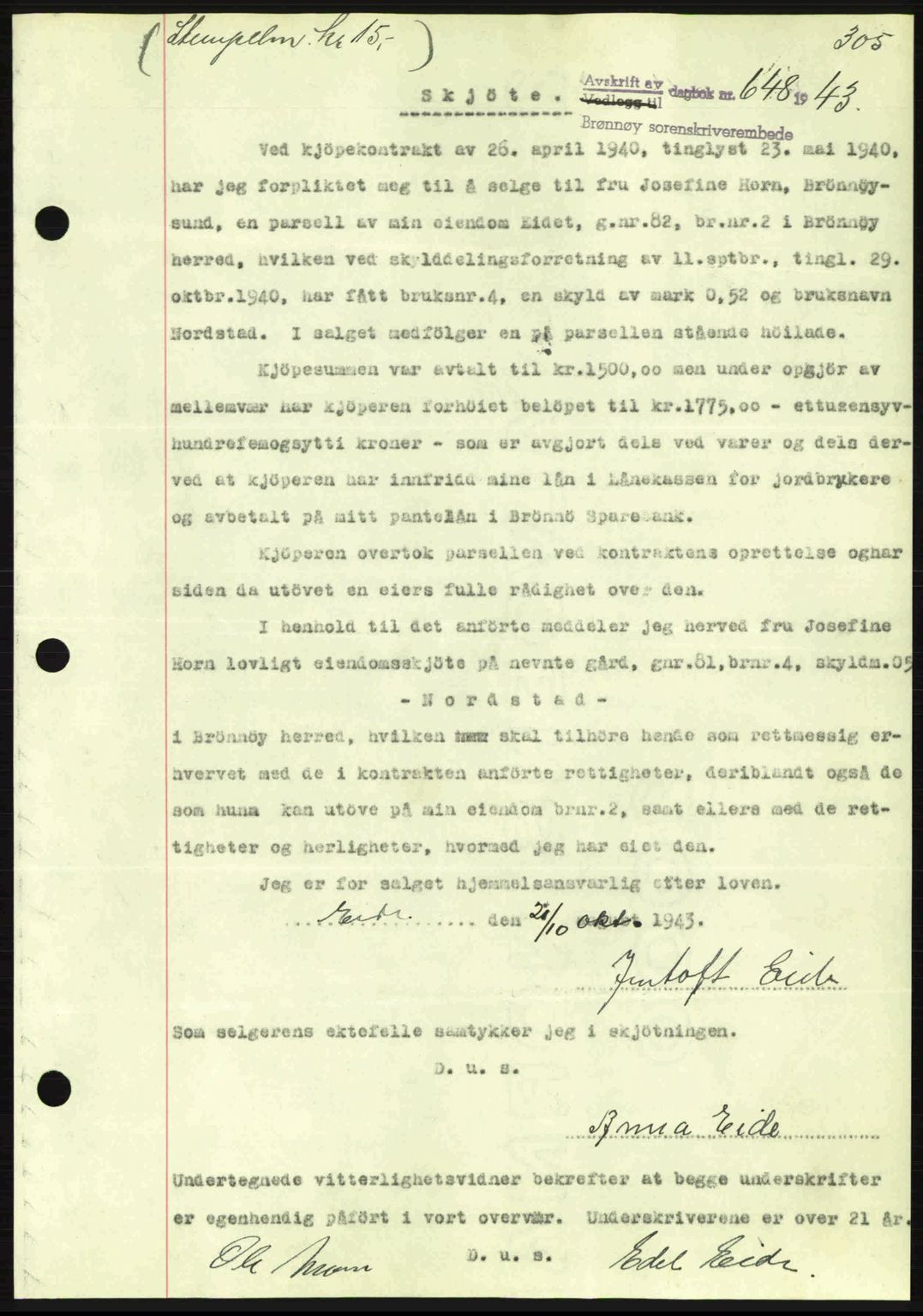 Brønnøy sorenskriveri, SAT/A-4170/1/2/2C: Pantebok nr. 23, 1943-1944, Dagboknr: 648/1943