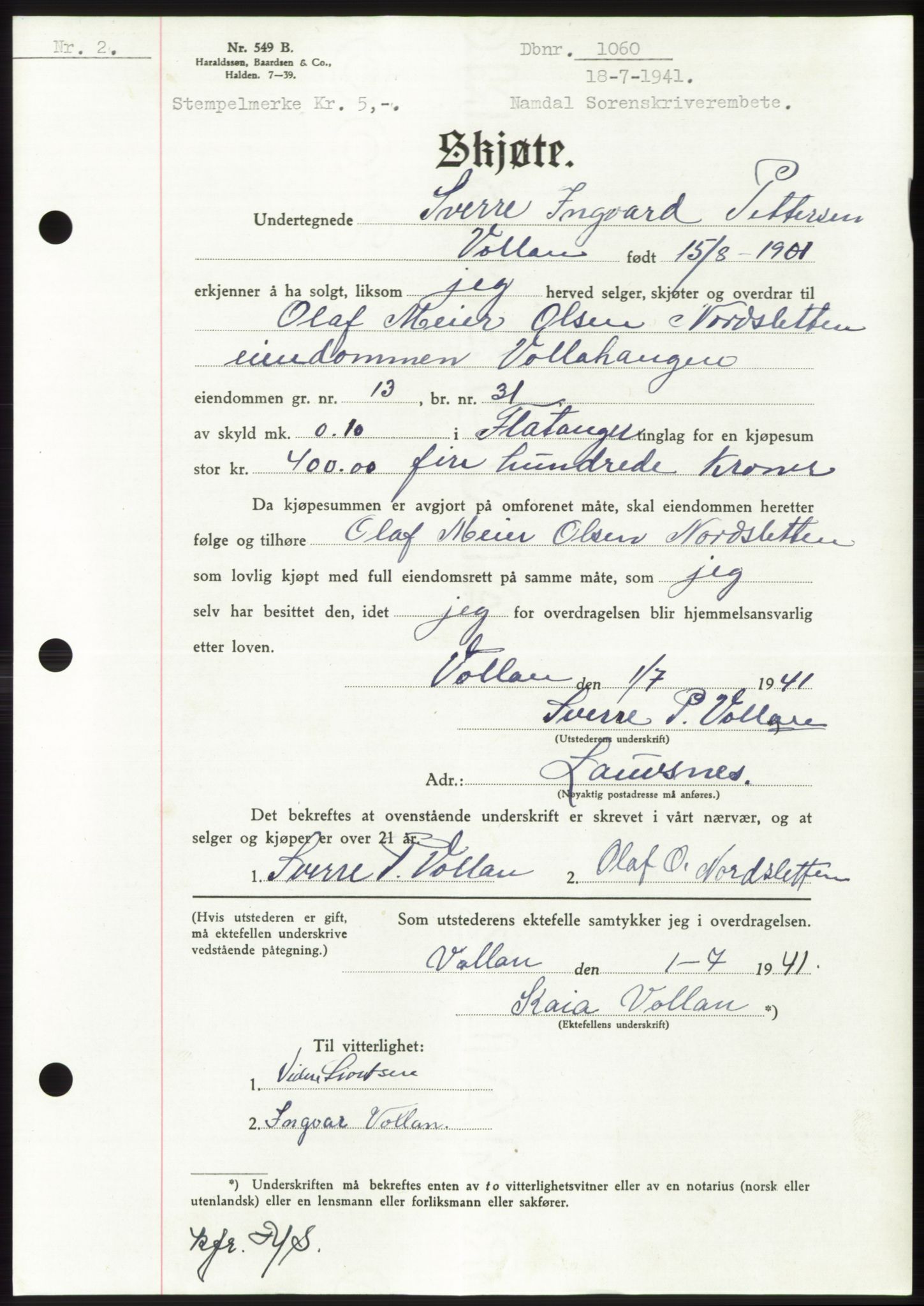 Namdal sorenskriveri, SAT/A-4133/1/2/2C: Pantebok nr. -, 1940-1941, Tingl.dato: 18.07.1941