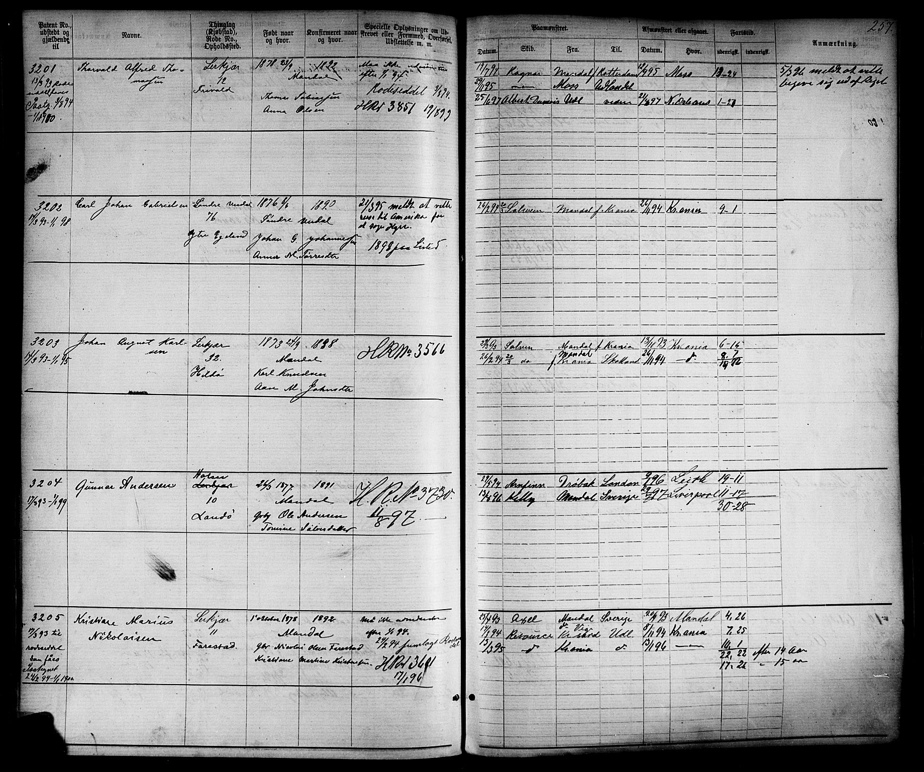 Mandal mønstringskrets, SAK/2031-0016/F/Fa/L0002: Annotasjonsrulle nr 1921-3830 med register, L-4, 1881-1901, s. 295