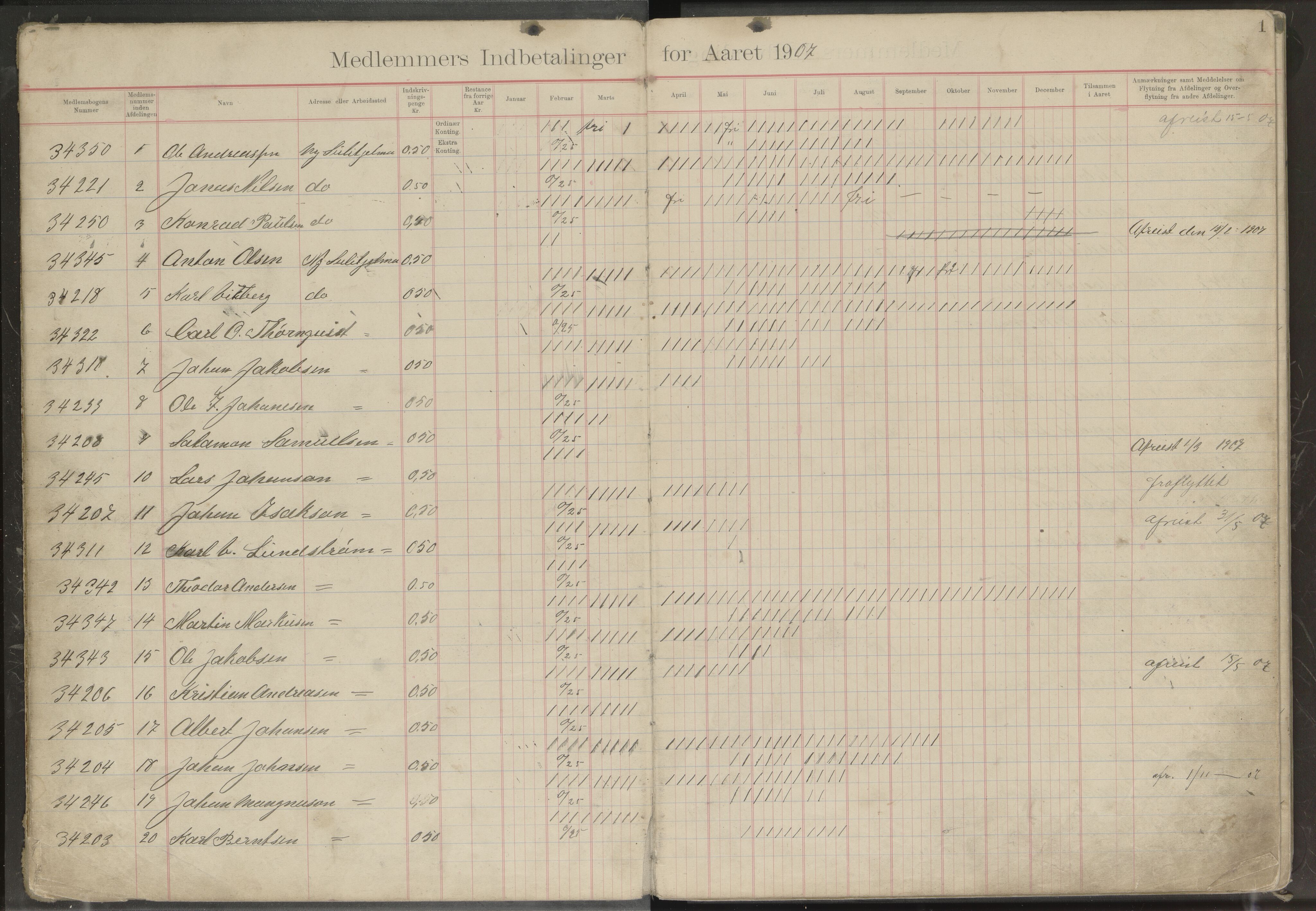 Hanken gruvearbeiderforening avd. 146 av Norsk Arbeidsmandsforbund, AIN/A23-118/P/Pa/L0001: Medlemsprotokoll, 1907-1925