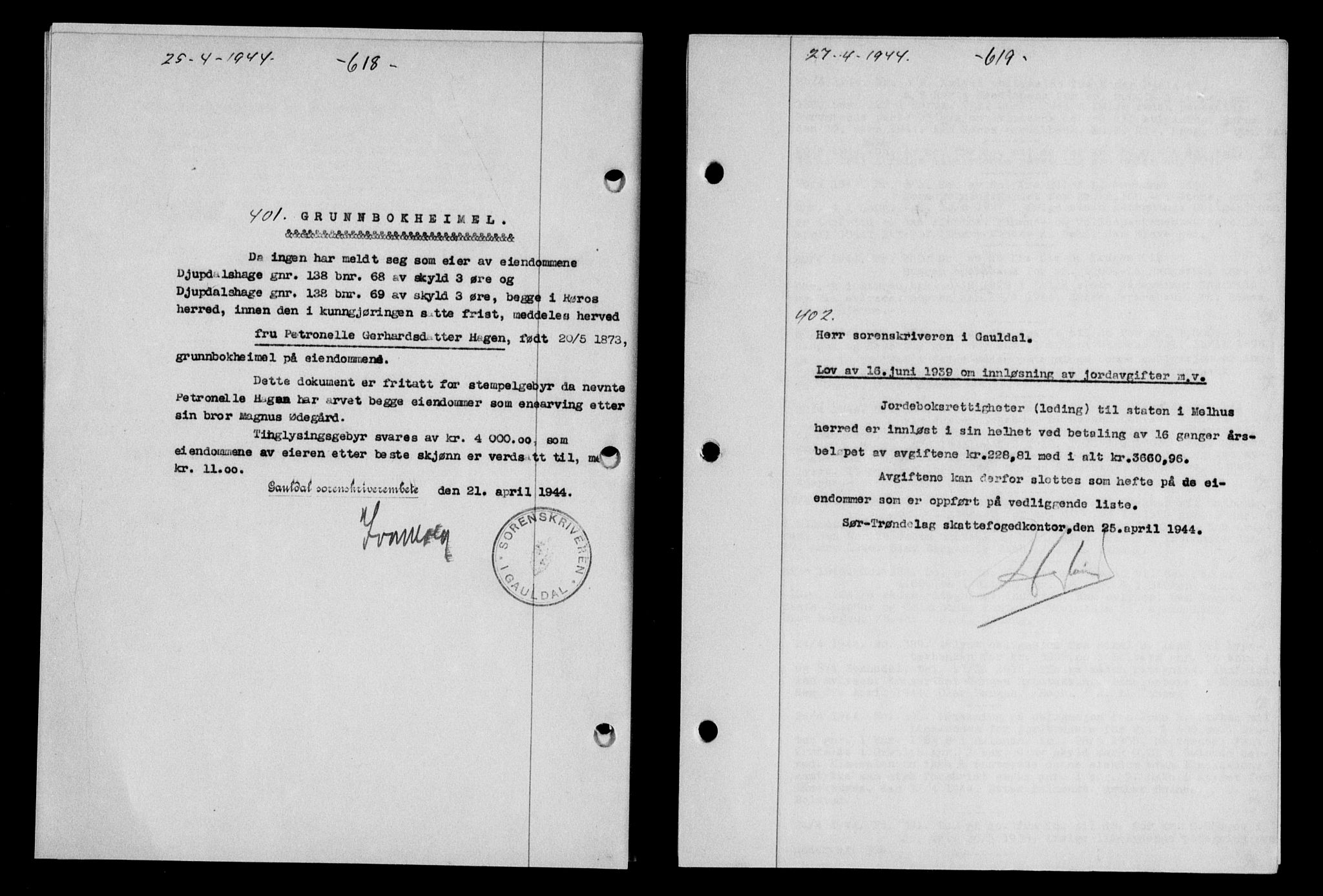 Gauldal sorenskriveri, SAT/A-0014/1/2/2C/L0057: Pantebok nr. 62, 1943-1944, Dagboknr: 401/1944