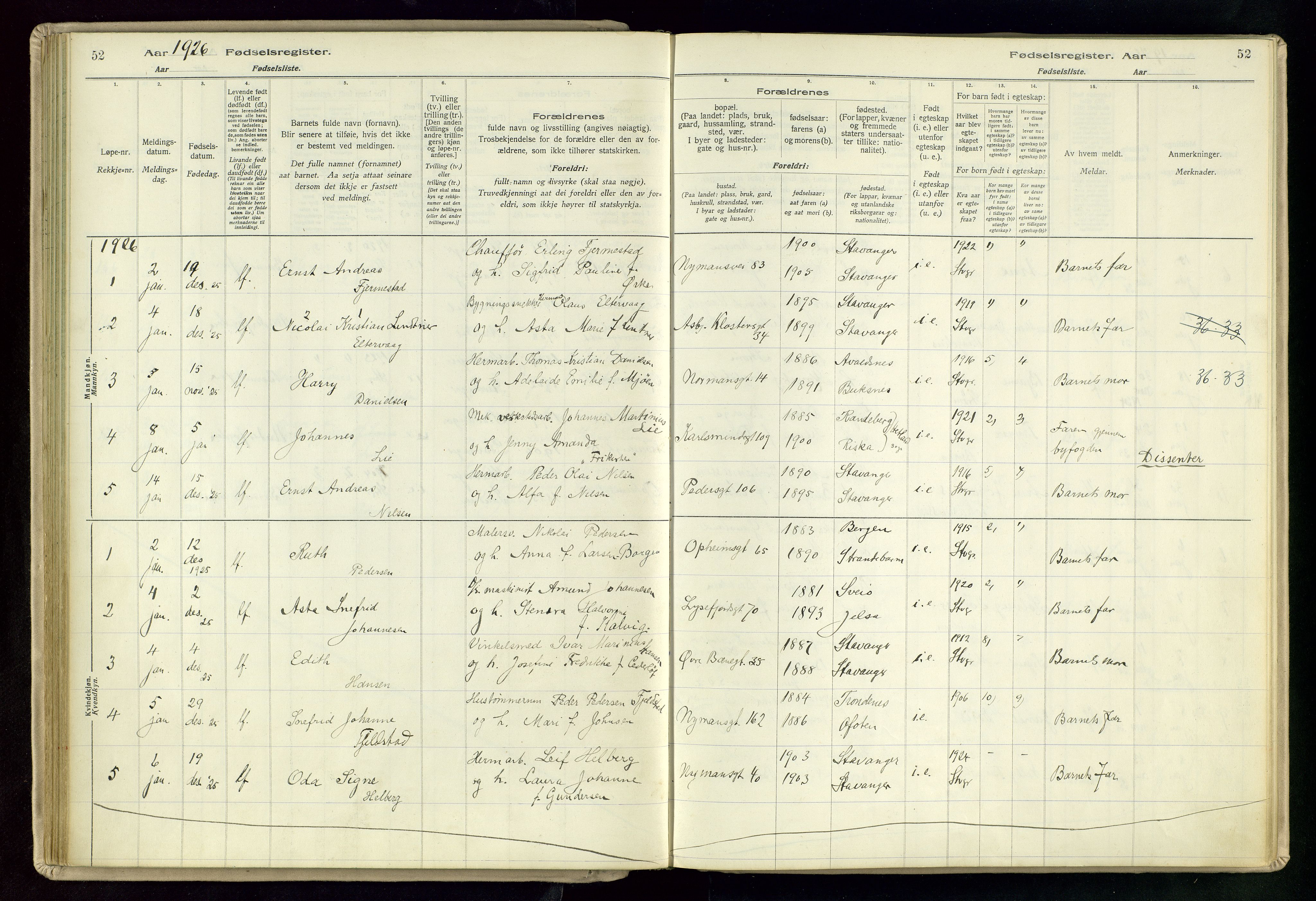 St. Johannes sokneprestkontor, SAST/A-101814/002/A/L0003: Fødselsregister nr. 3, 1924-1930, s. 52