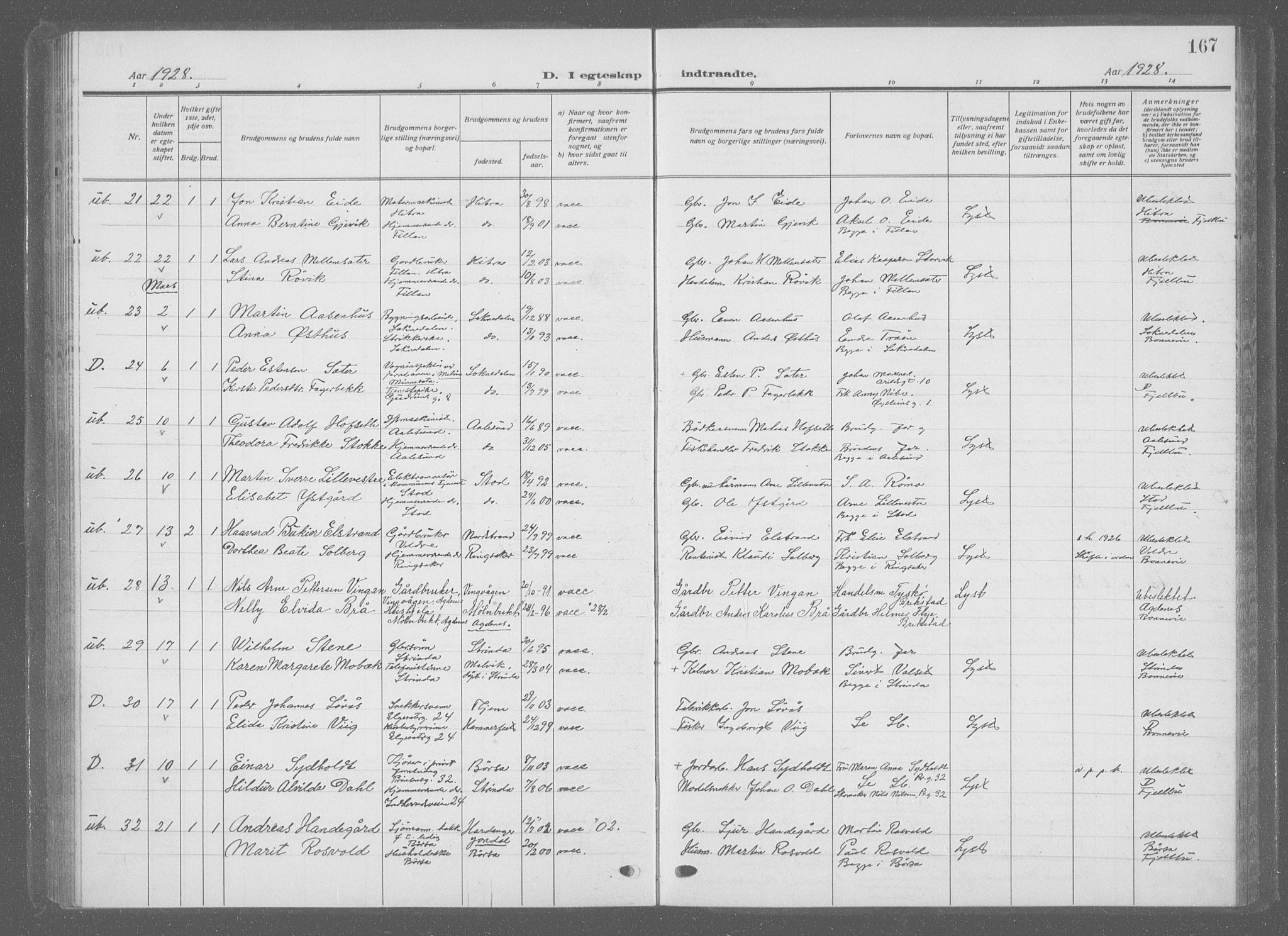 Ministerialprotokoller, klokkerbøker og fødselsregistre - Sør-Trøndelag, AV/SAT-A-1456/601/L0098: Klokkerbok nr. 601C16, 1921-1934, s. 167