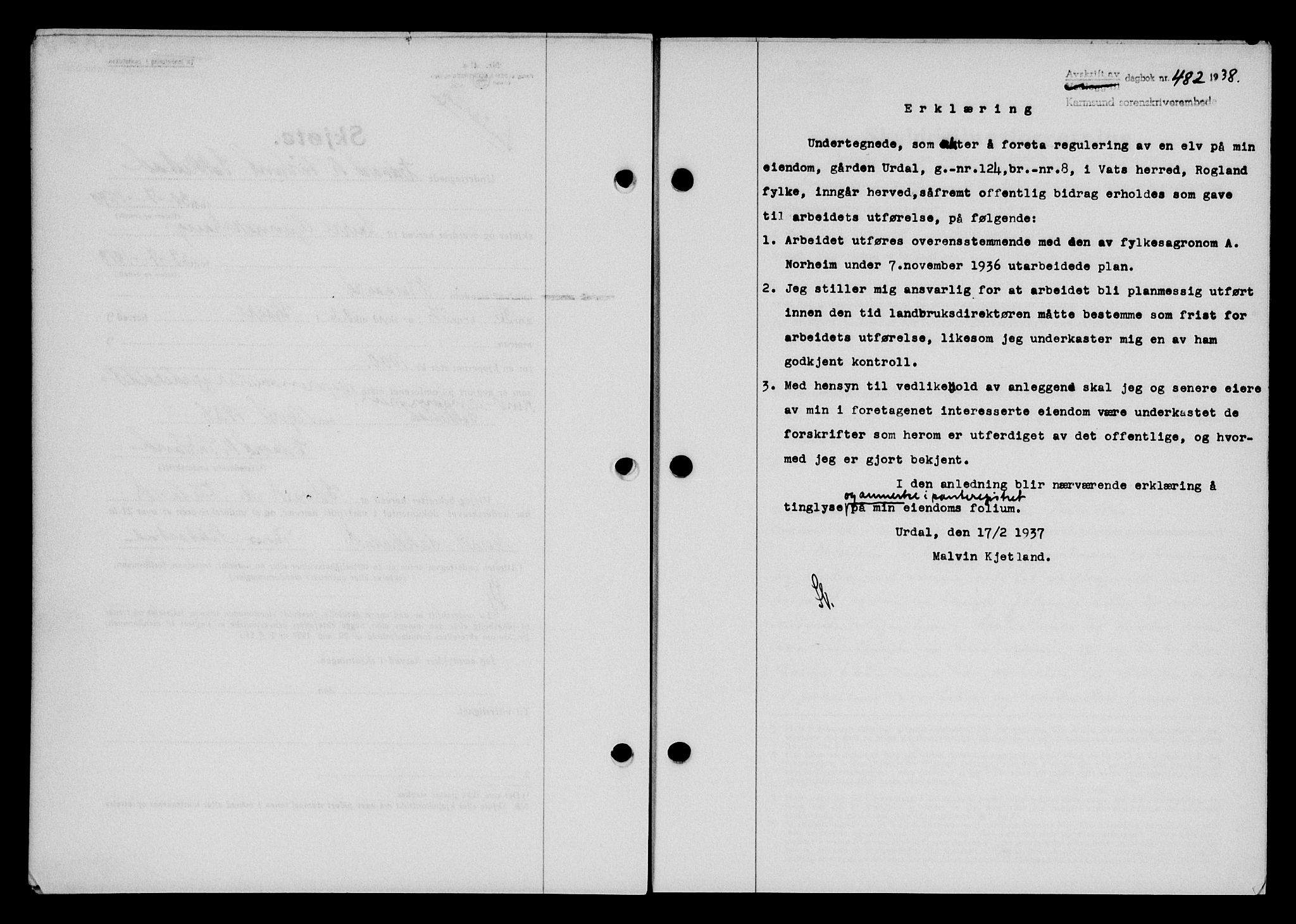 Karmsund sorenskriveri, SAST/A-100311/01/II/IIB/L0069: Pantebok nr. 50A, 1937-1938, Dagboknr: 482/1938