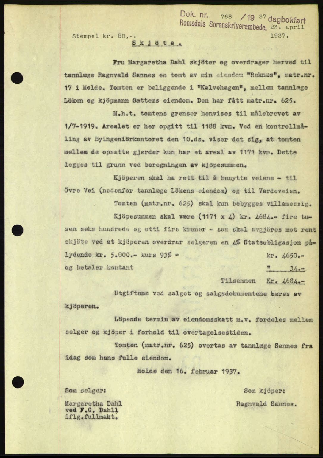 Romsdal sorenskriveri, SAT/A-4149/1/2/2C: Pantebok nr. A3, 1937-1937, Dagboknr: 768/1937