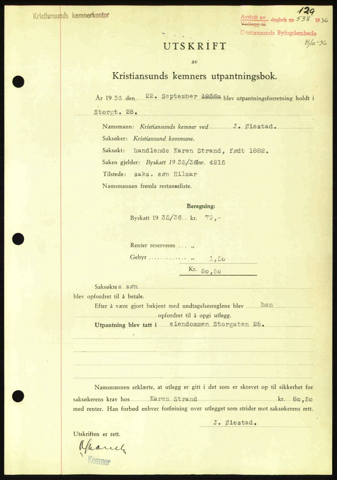 Kristiansund byfogd, SAT/A-4587/A/27: Pantebok nr. 29, 1936-1937, Dagboknr: 538/1936