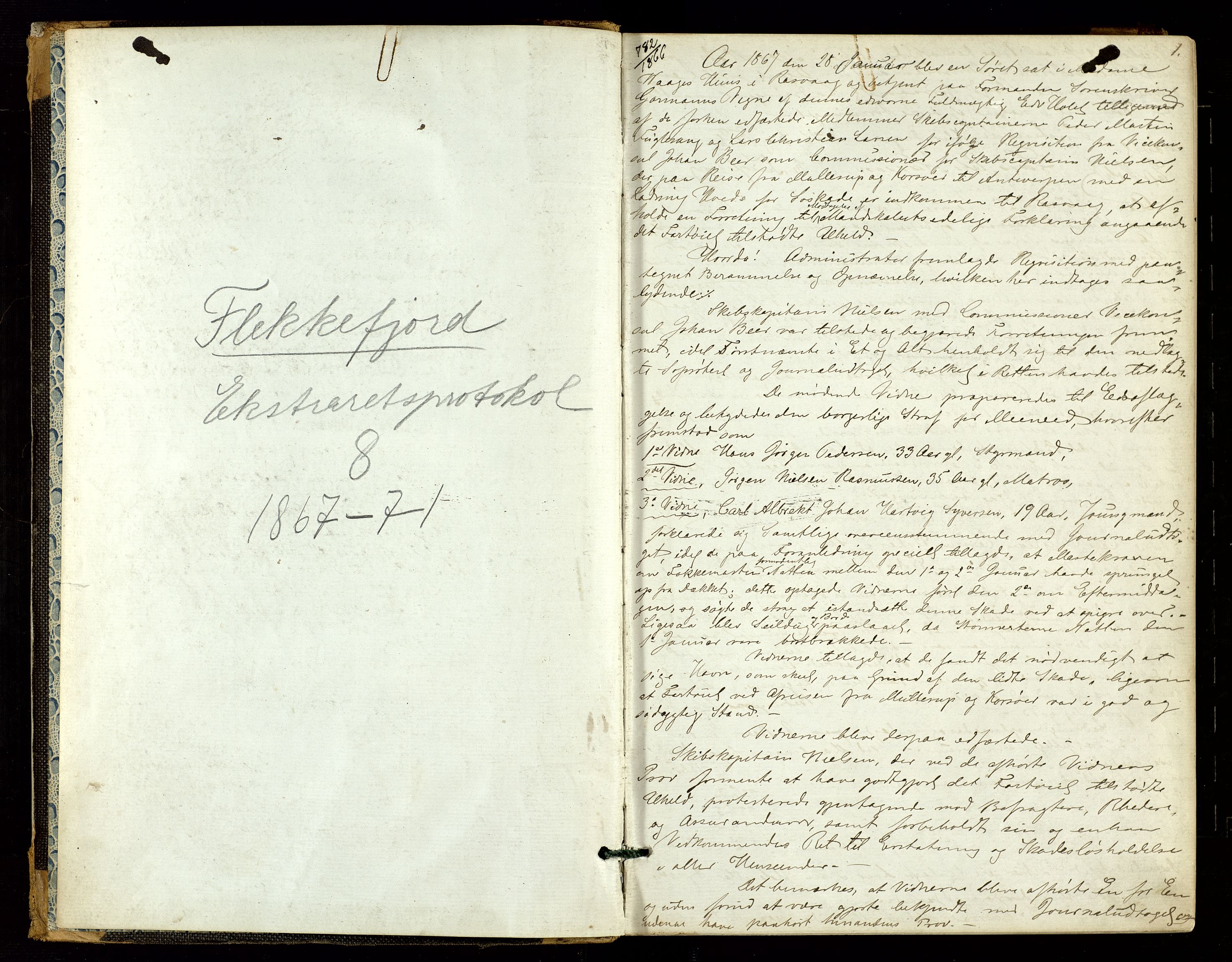 Flekkefjord sorenskriveri, AV/SAK-1221-0001/F/Fb/L0007: Ekstrarettsprotokoll nr. 8, 1867-1871, s. 1