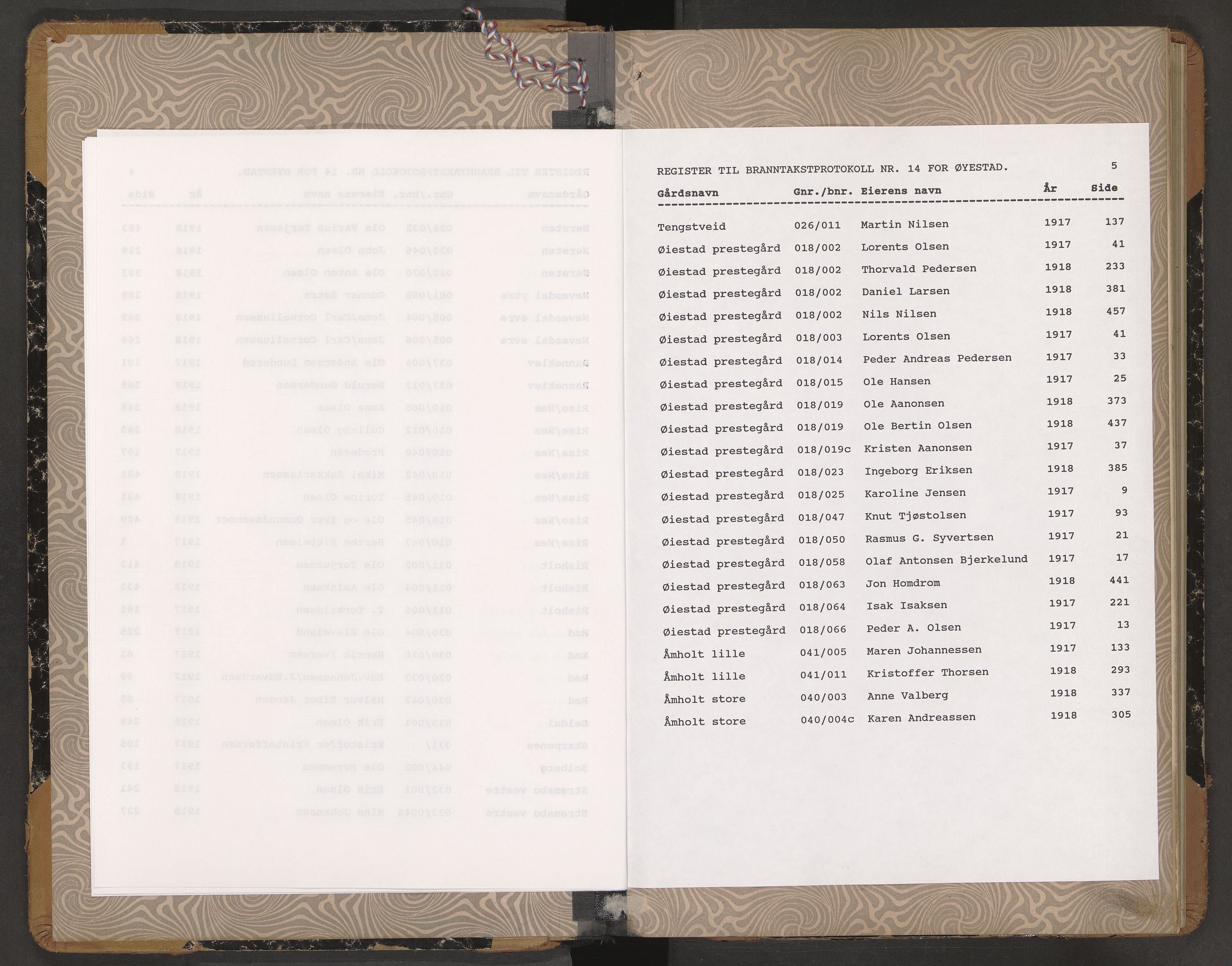 Norges Brannkasse Øyestad, AV/SAK-2241-0059/F/Fa/L0014: Branntakstprotokoll nr. 14 med gårdsnavnregister, 1917-1918