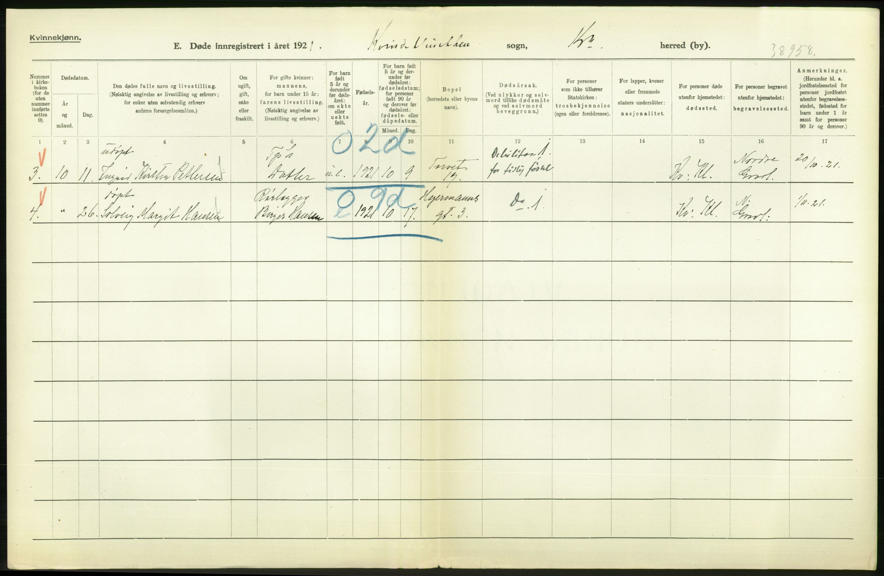 Statistisk sentralbyrå, Sosiodemografiske emner, Befolkning, AV/RA-S-2228/D/Df/Dfc/Dfca/L0013: Kristiania: Døde, dødfødte, 1921, s. 220