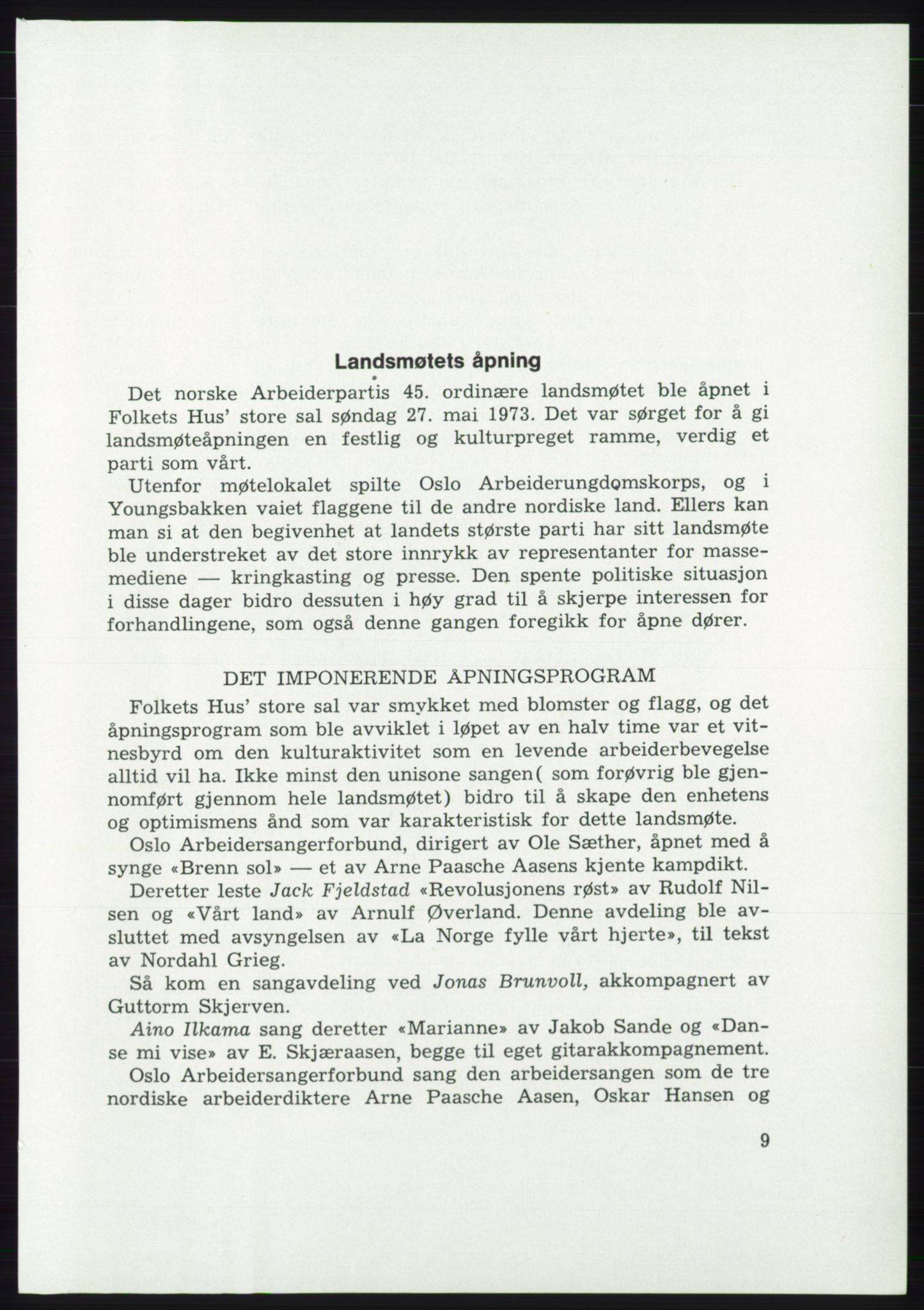 Det norske Arbeiderparti - publikasjoner, AAB/-/-/-: Protokoll over forhandlingene på det 45. ordinære landsmøte 27.-30. mai 1973 i Oslo, 1973, s. 9