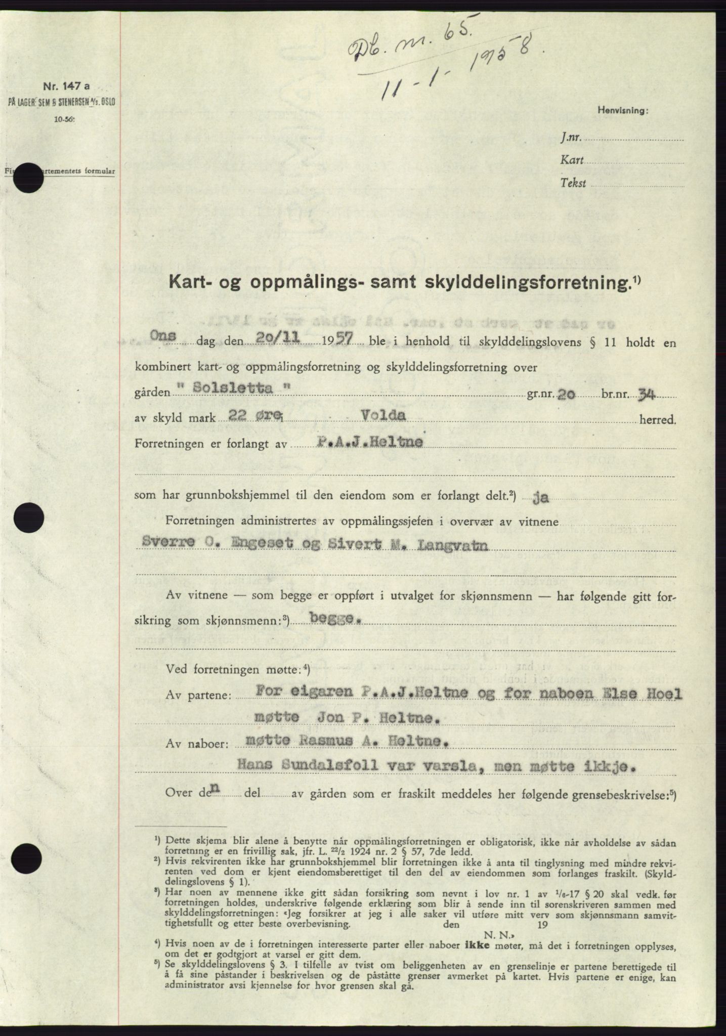 Søre Sunnmøre sorenskriveri, SAT/A-4122/1/2/2C/L0108: Pantebok nr. 34A, 1957-1958, Dagboknr: 65/1958
