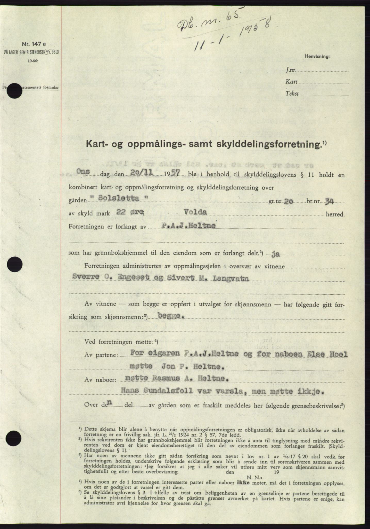 Søre Sunnmøre sorenskriveri, AV/SAT-A-4122/1/2/2C/L0108: Pantebok nr. 34A, 1957-1958, Dagboknr: 65/1958