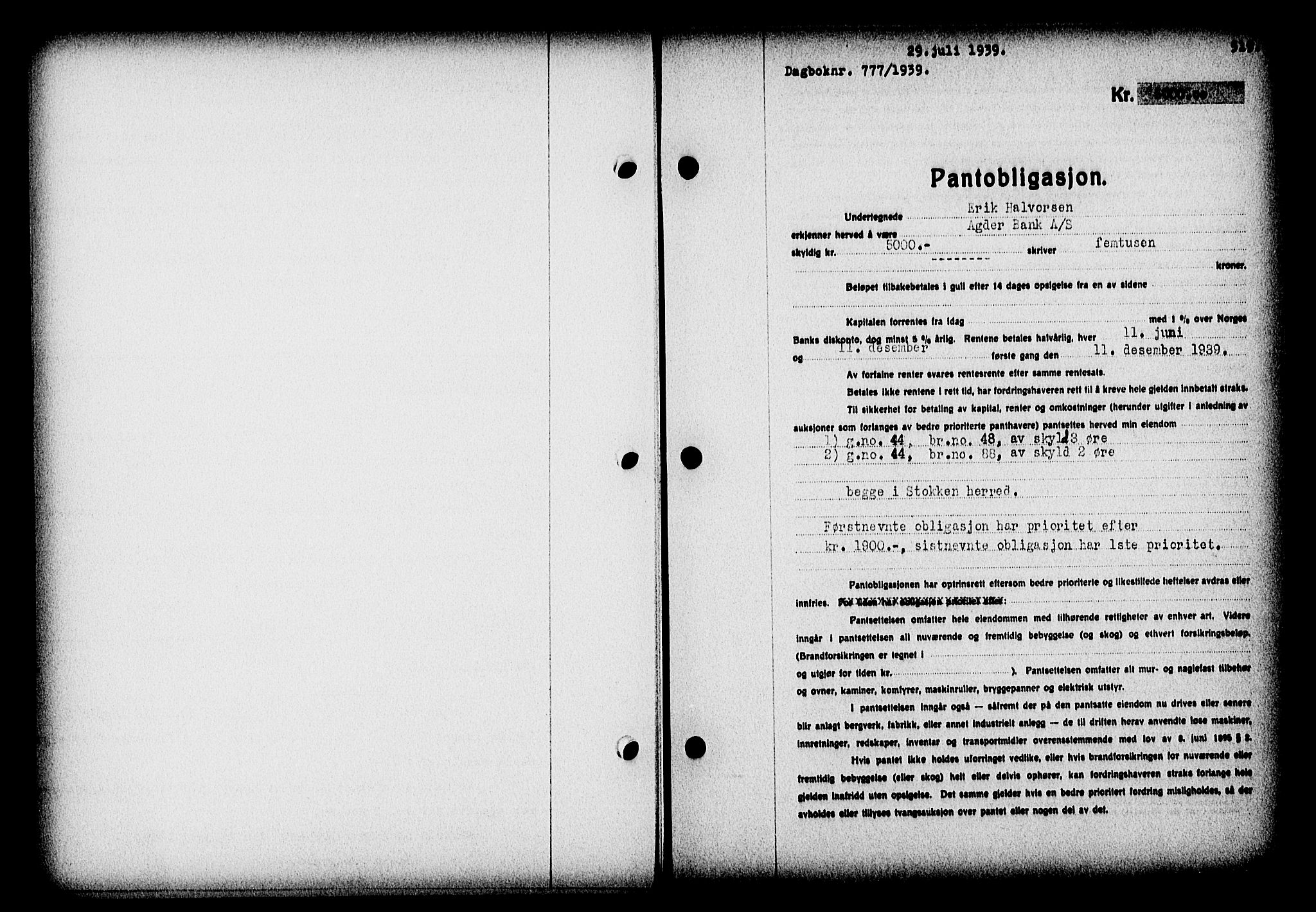 Nedenes sorenskriveri, AV/SAK-1221-0006/G/Gb/Gba/L0046: Pantebok nr. 42, 1938-1939, Dagboknr: 777/1939