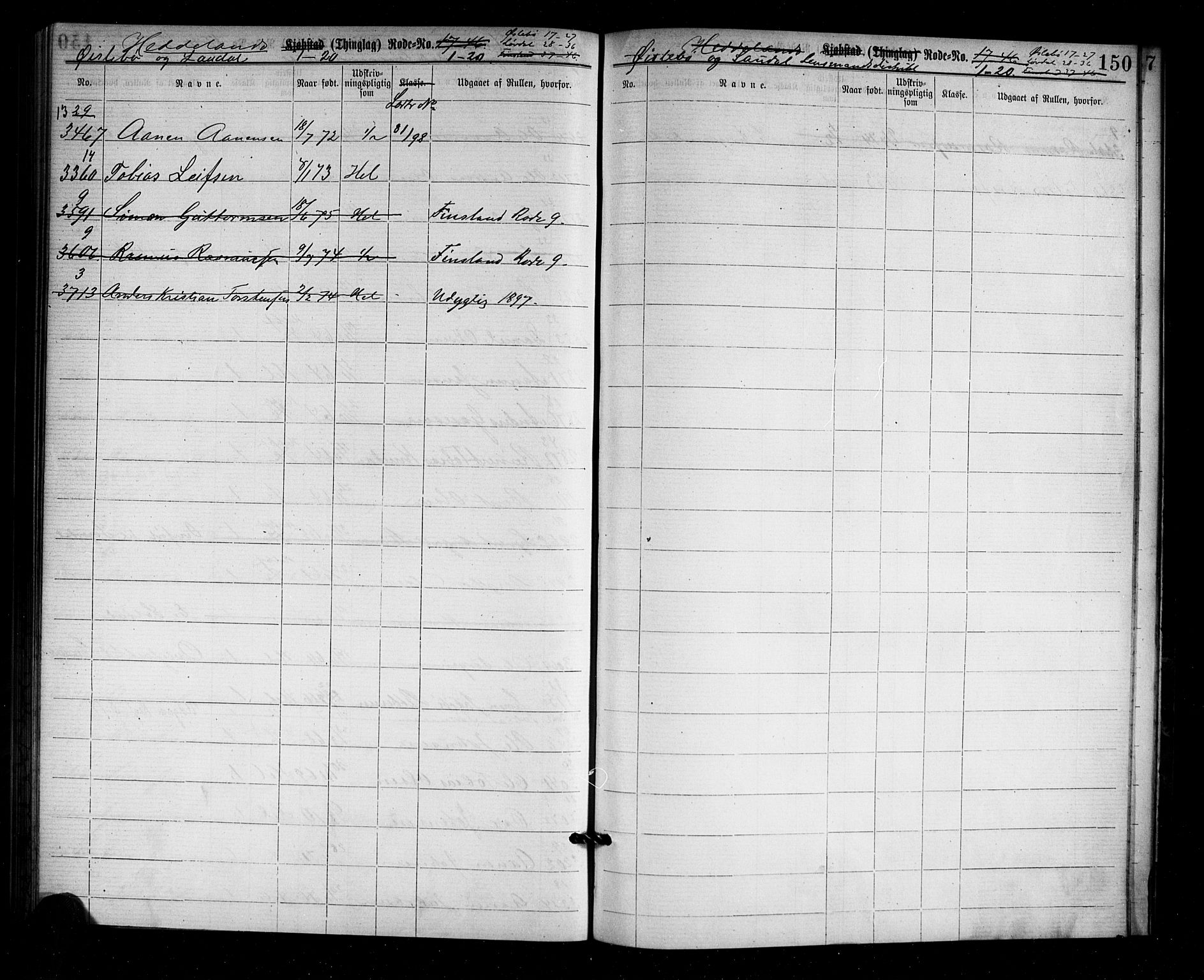 Mandal mønstringskrets, SAK/2031-0016/F/Ff/L0001: Utskrivningsregisterrulle, nr som i hovedrulle, med register, L-15, 1860-1900, s. 155