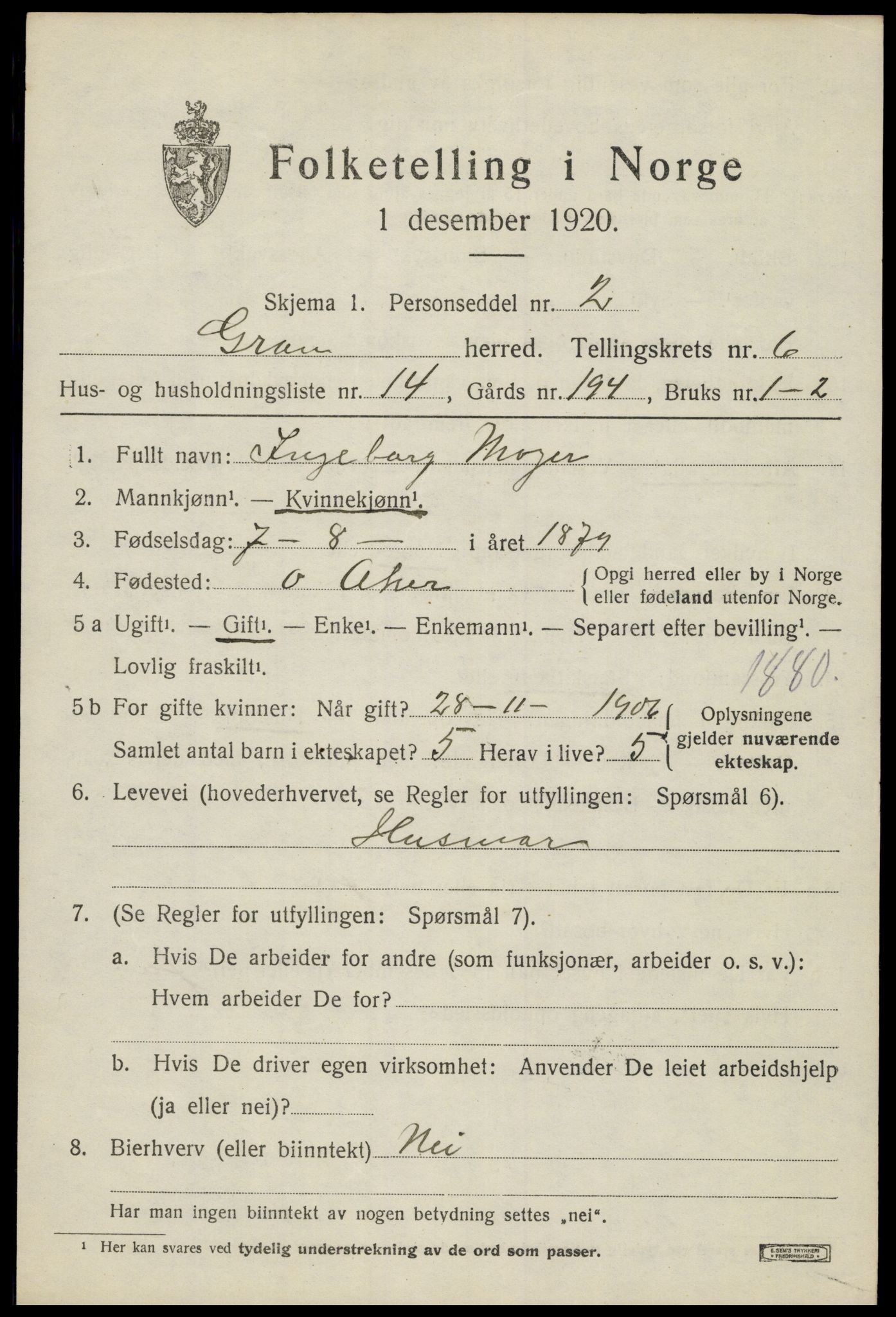 SAH, Folketelling 1920 for 0534 Gran herred, 1920, s. 8485