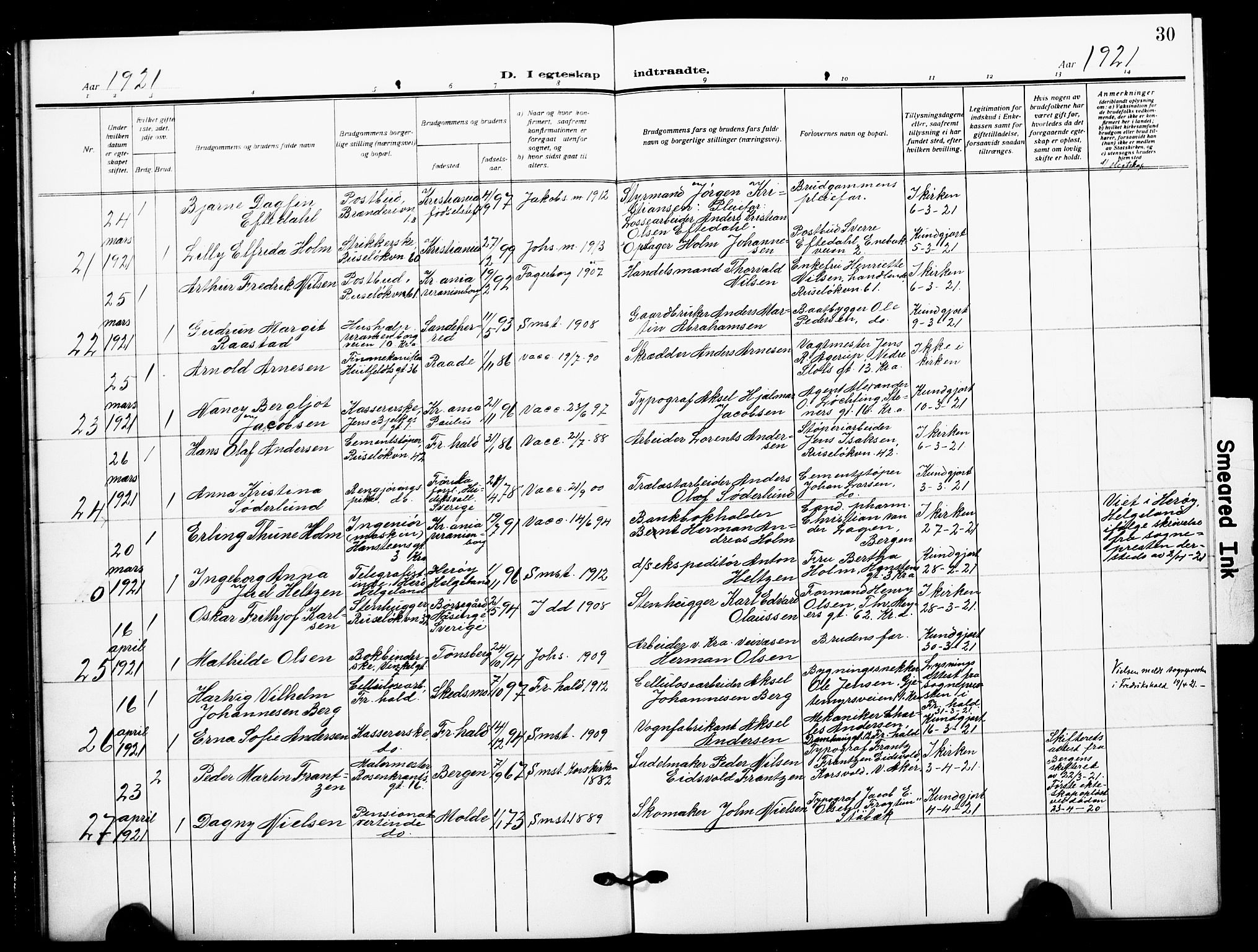 Johannes prestekontor Kirkebøker, AV/SAO-A-10852/F/Fa/L0013: Ministerialbok nr. 13, 1919-1930, s. 30