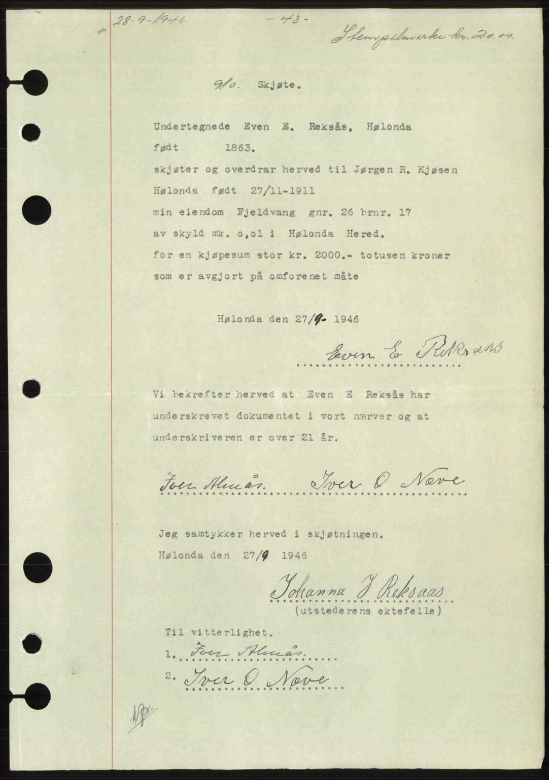 Gauldal sorenskriveri, SAT/A-0014/1/2/2C: Pantebok nr. A2, 1946-1946, Dagboknr: 910/1946