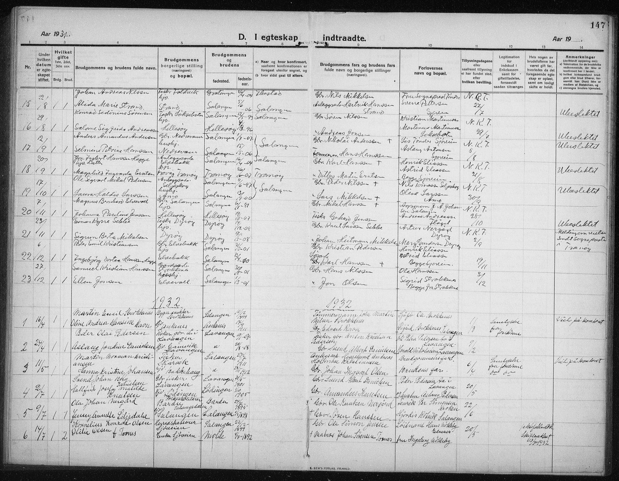 Salangen sokneprestembete, SATØ/S-1324/H/Ha/L0005klokker: Klokkerbok nr. 5, 1918-1937, s. 147