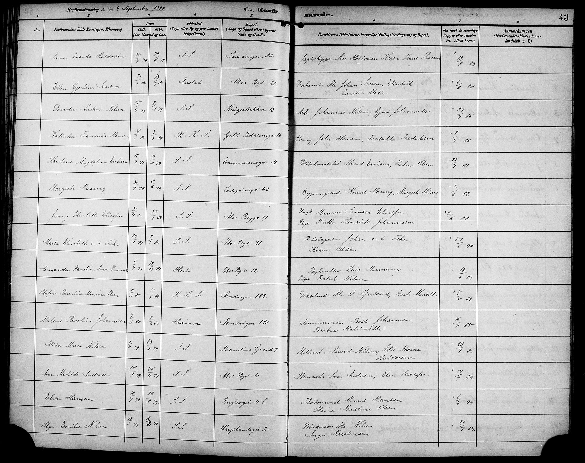 Sandviken Sokneprestembete, AV/SAB-A-77601/H/Hb/L0003: Klokkerbok nr. A 4, 1892-1901, s. 43