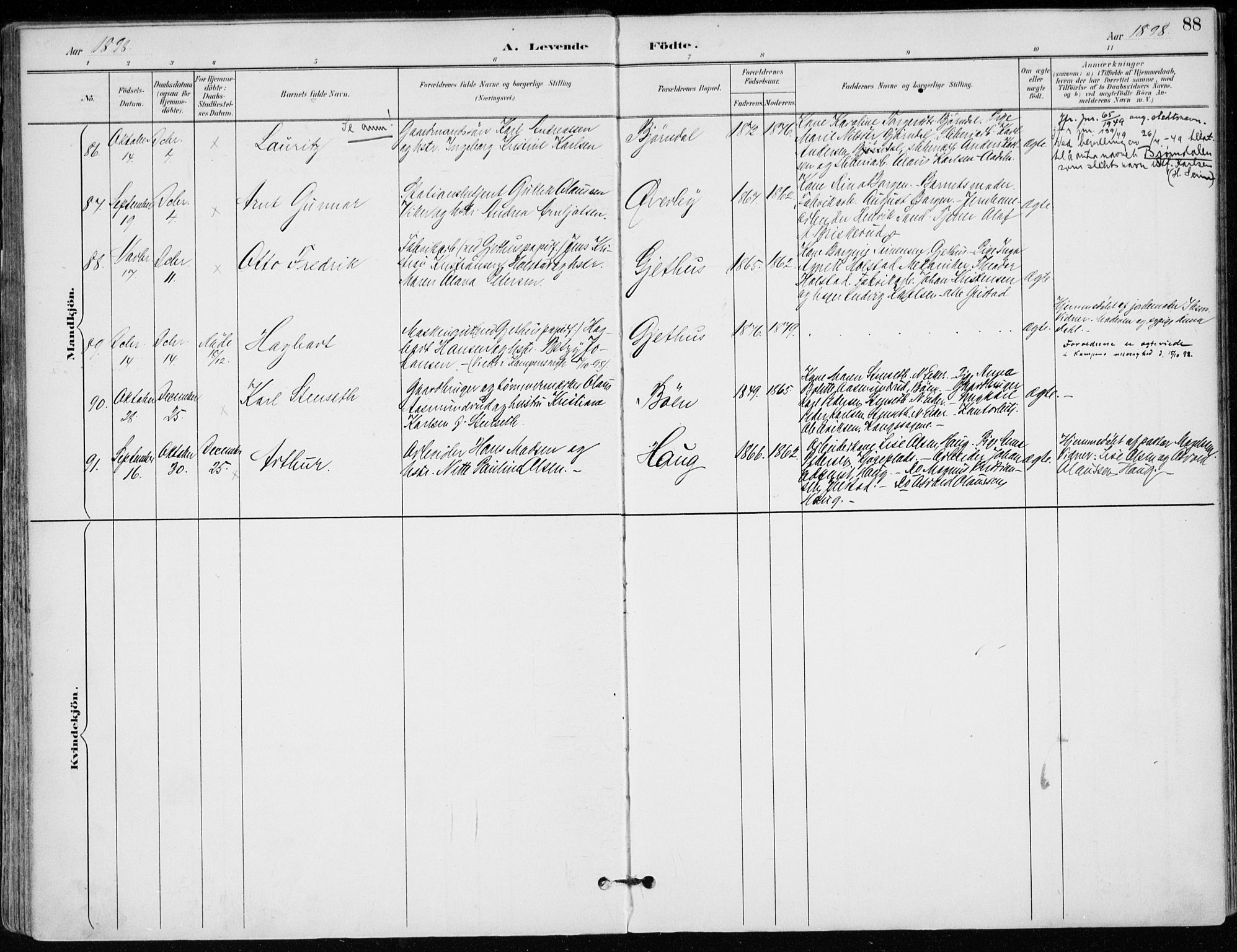 Modum kirkebøker, AV/SAKO-A-234/F/Fa/L0012: Ministerialbok nr. 12, 1890-1898, s. 88