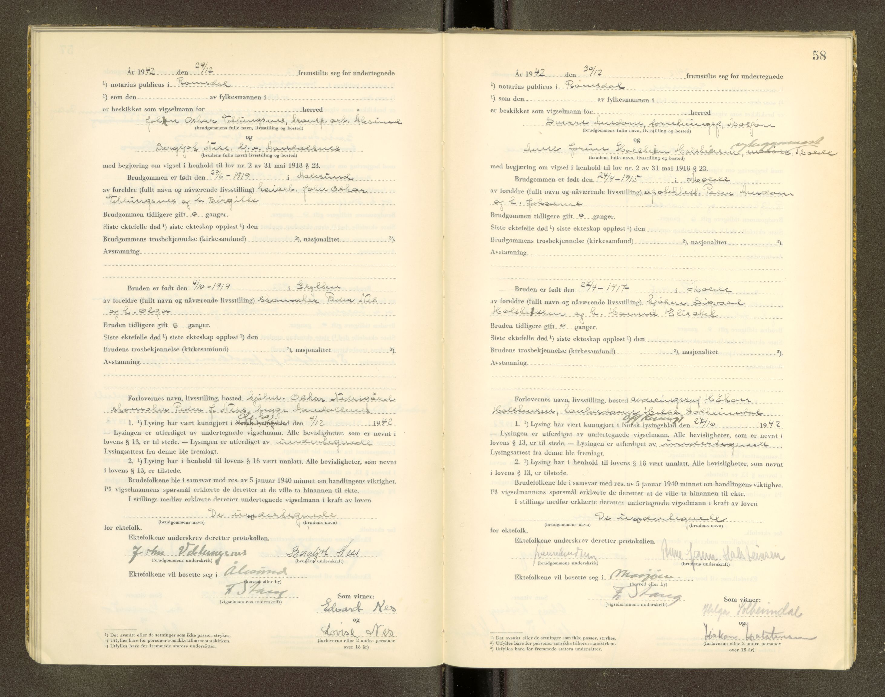 Romsdal sorenskriveri, AV/SAT-A-4149/1/6/6D/L0005: Vigselbok, 1942-1943, s. 58
