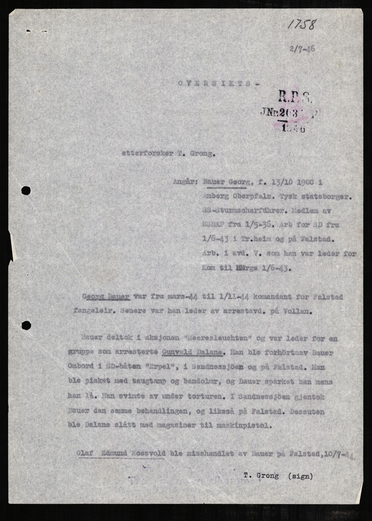 Forsvaret, Forsvarets overkommando II, AV/RA-RAFA-3915/D/Db/L0002: CI Questionaires. Tyske okkupasjonsstyrker i Norge. Tyskere., 1945-1946, s. 258