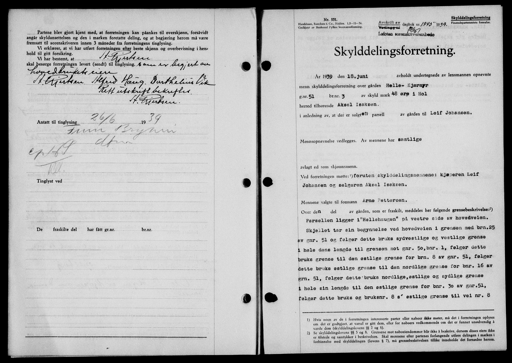 Lofoten sorenskriveri, SAT/A-0017/1/2/2C/L0005a: Pantebok nr. 5a, 1939-1939, Dagboknr: 1345/1939