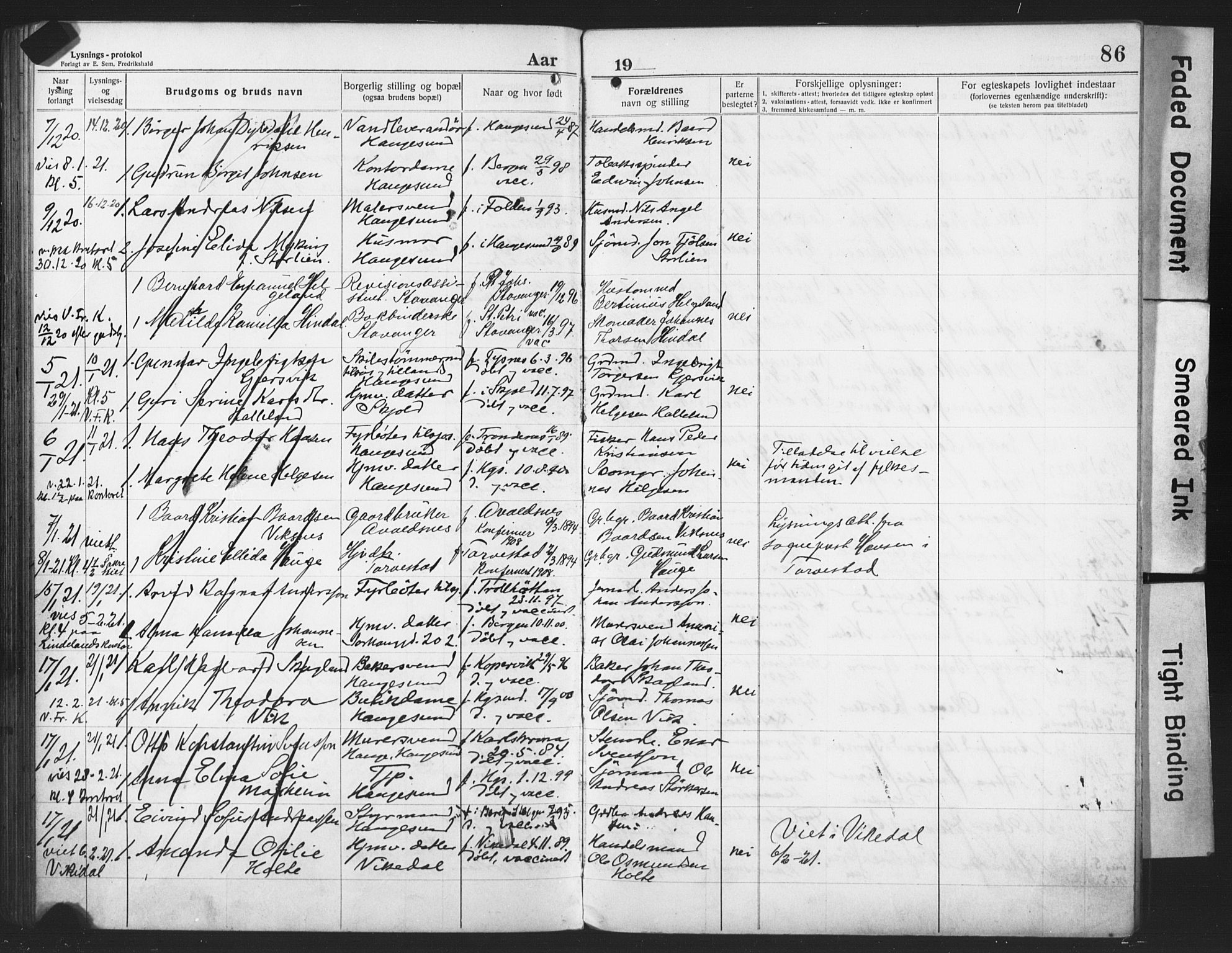Haugesund sokneprestkontor, AV/SAST-A -101863/I/Ie/L0003: Lysningsprotokoll nr. VIII 3, 1916-1921, s. 86