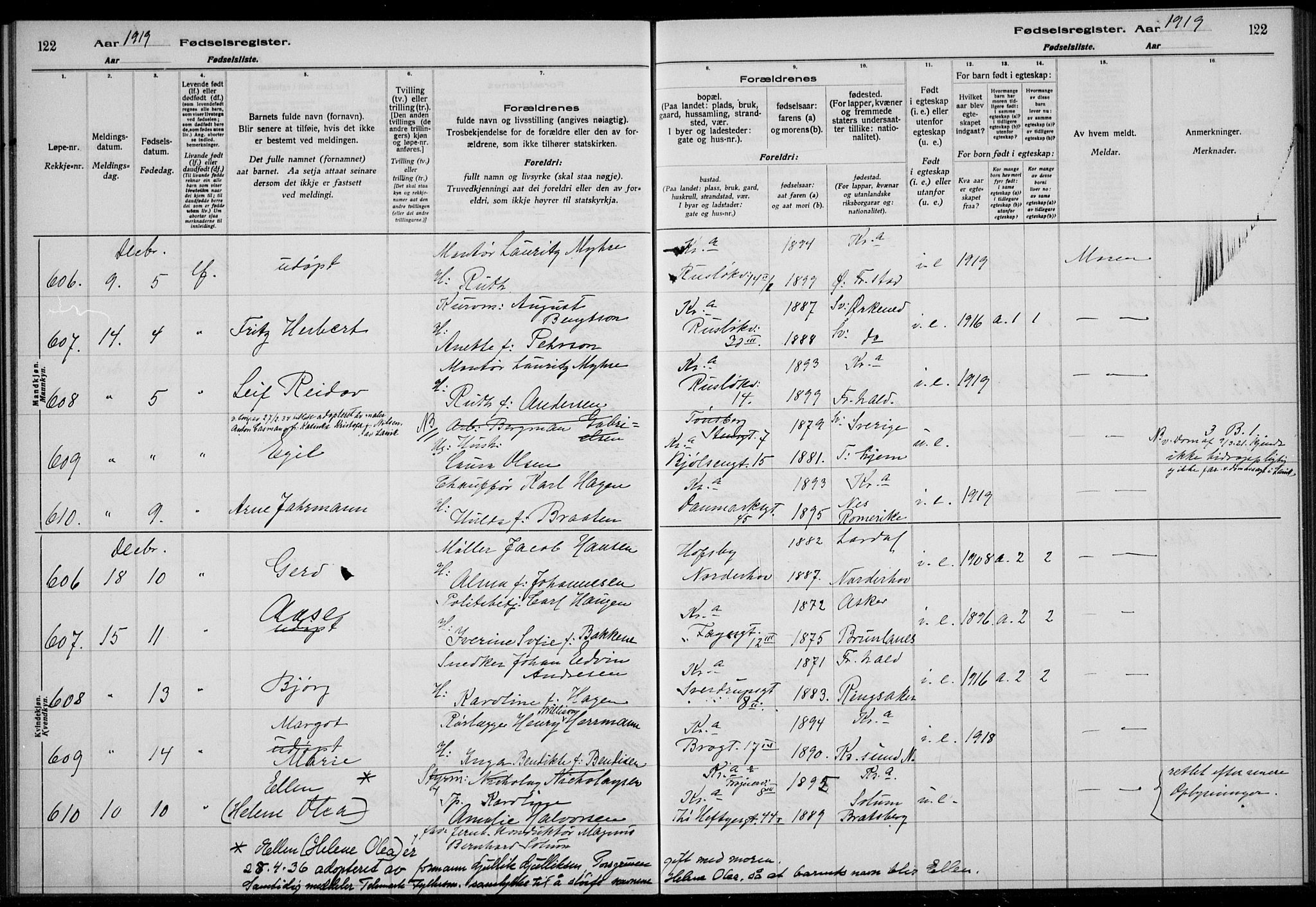 Rikshospitalet prestekontor Kirkebøker, AV/SAO-A-10309b/J/L0004: Fødselsregister nr. 4, 1919-1919, s. 122