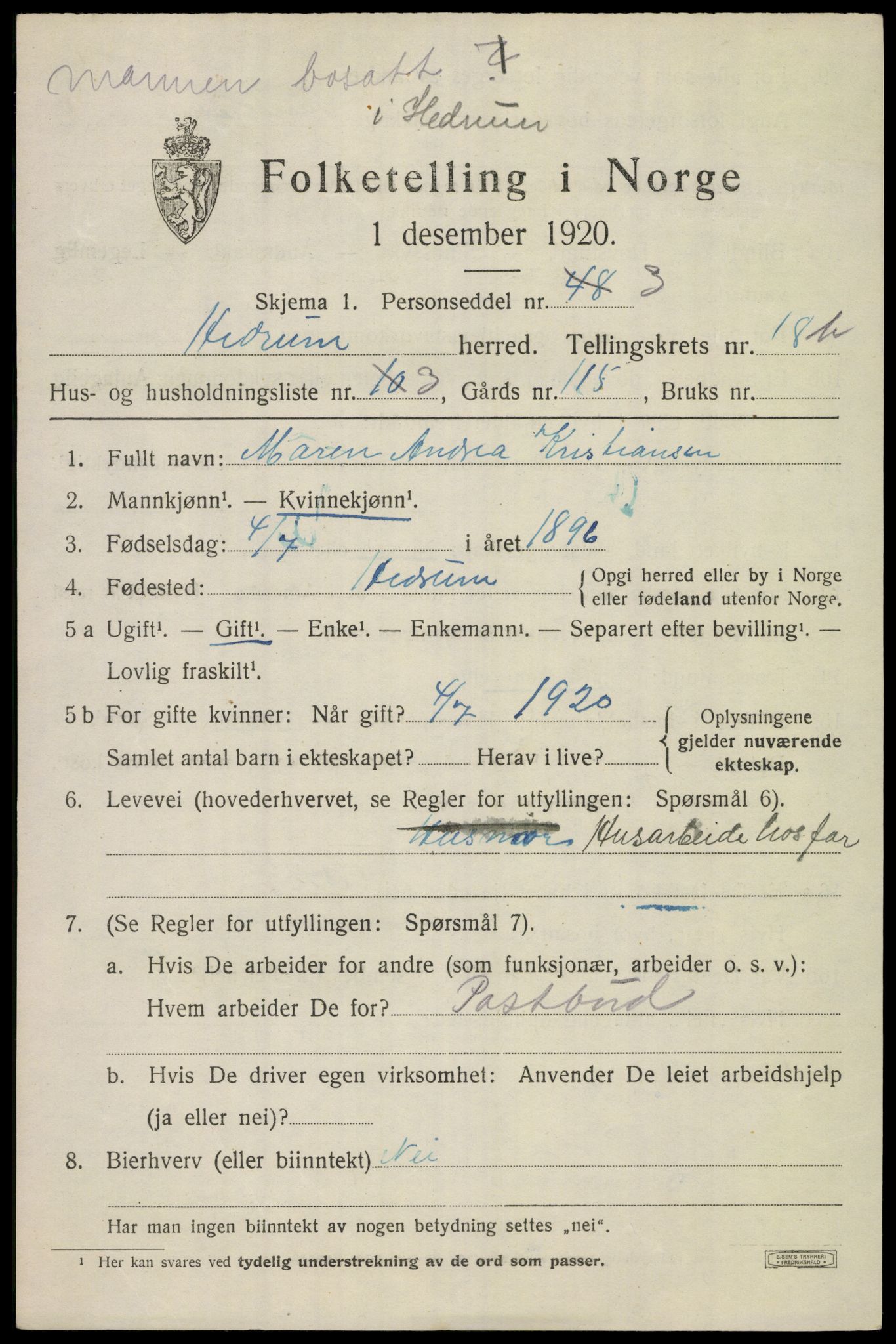 SAKO, Folketelling 1920 for 0727 Hedrum herred, 1920, s. 11033