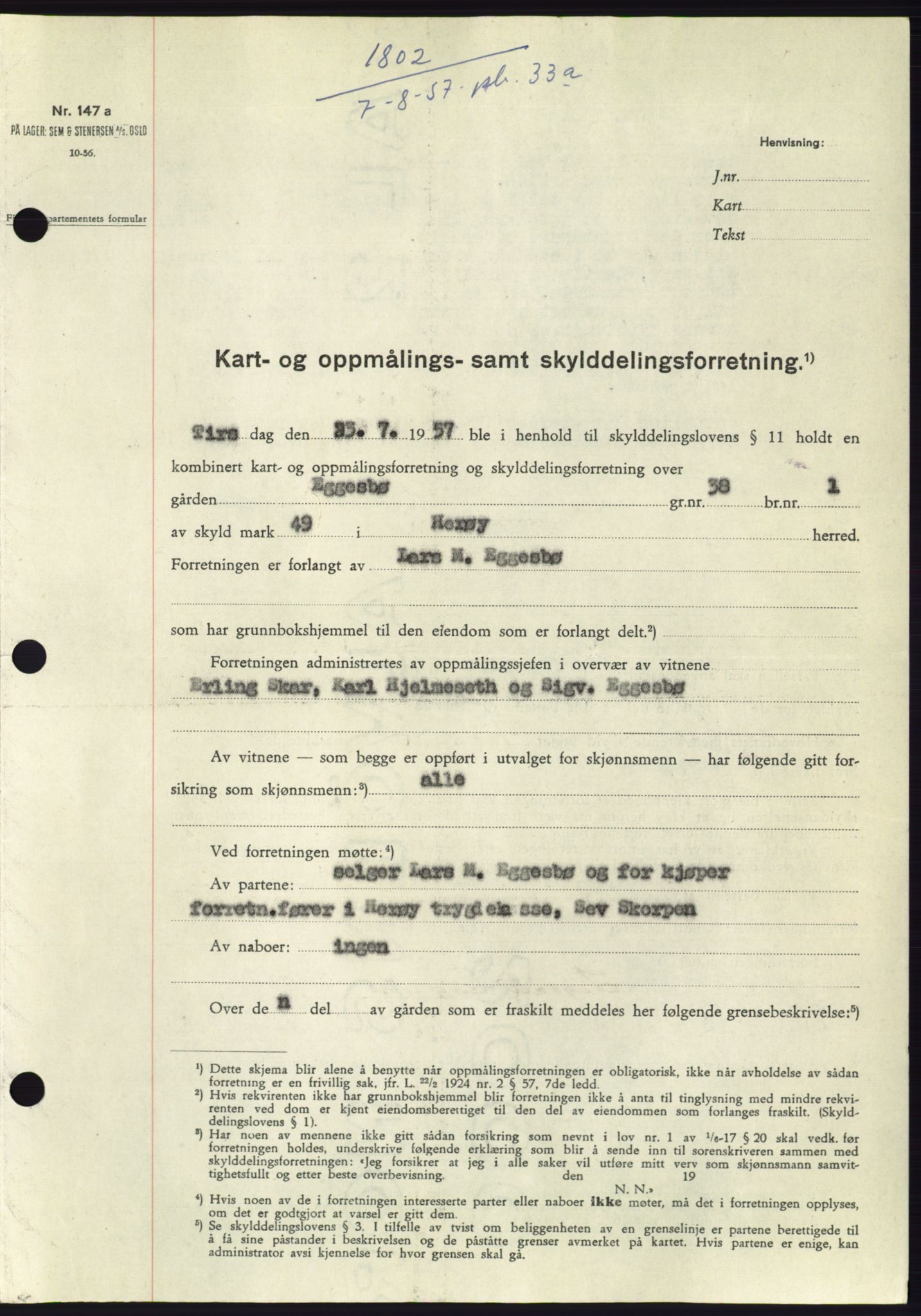 Søre Sunnmøre sorenskriveri, SAT/A-4122/1/2/2C/L0107: Pantebok nr. 33A, 1957-1957, Dagboknr: 1802/1957