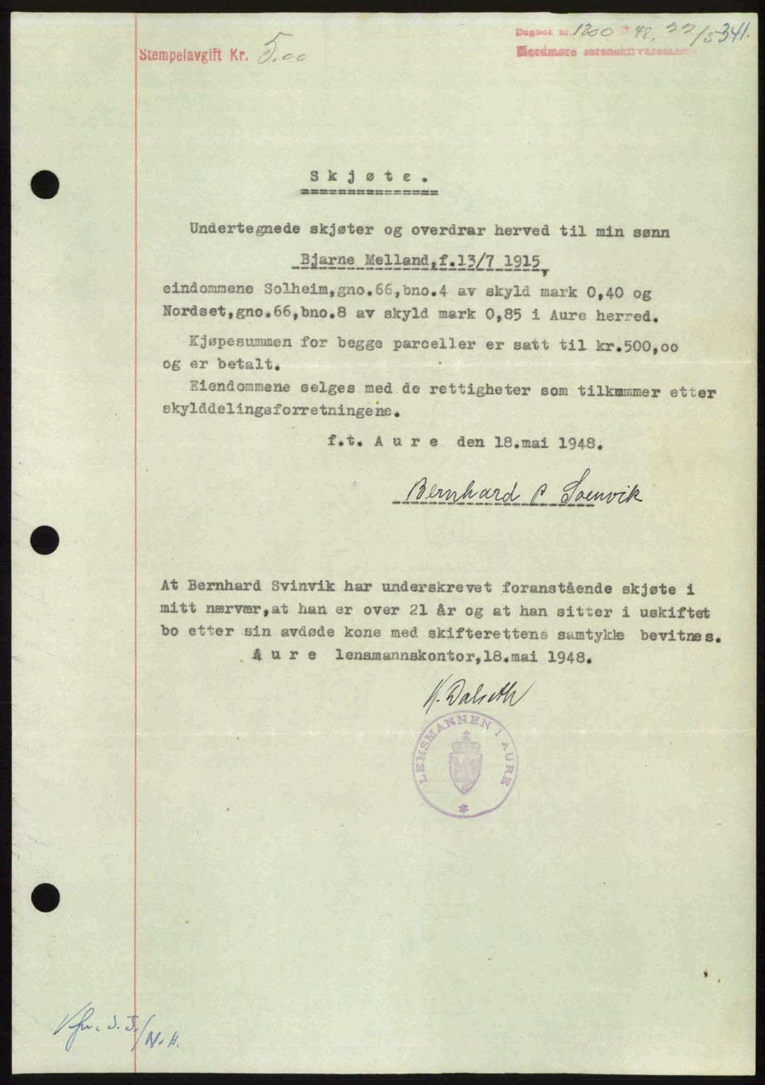 Nordmøre sorenskriveri, SAT/A-4132/1/2/2Ca: Pantebok nr. A108, 1948-1948, Dagboknr: 1300/1948