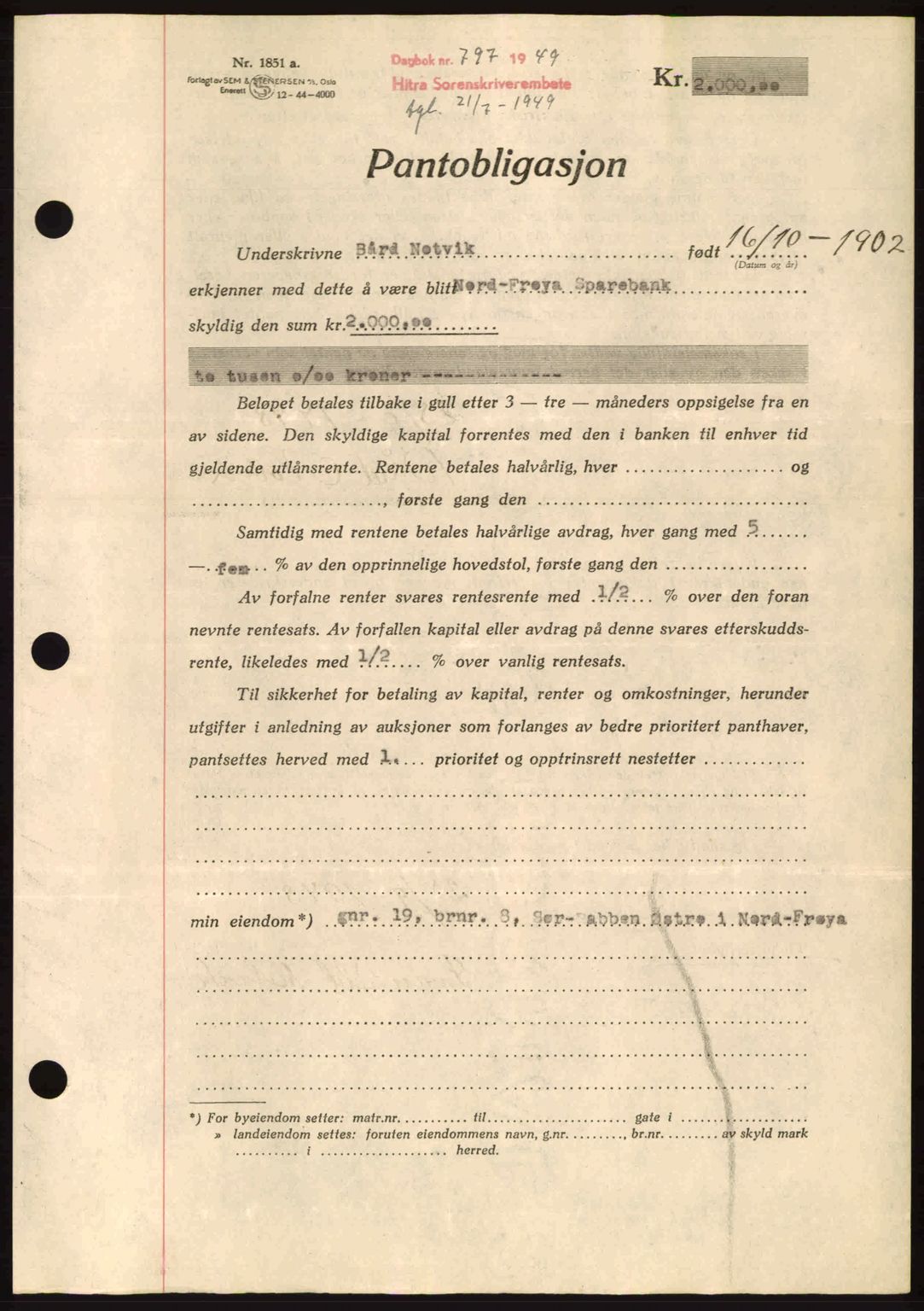 Hitra sorenskriveri, AV/SAT-A-0018/2/2C/2Ca: Pantebok nr. B1, 1939-1949, Dagboknr: 797/1949