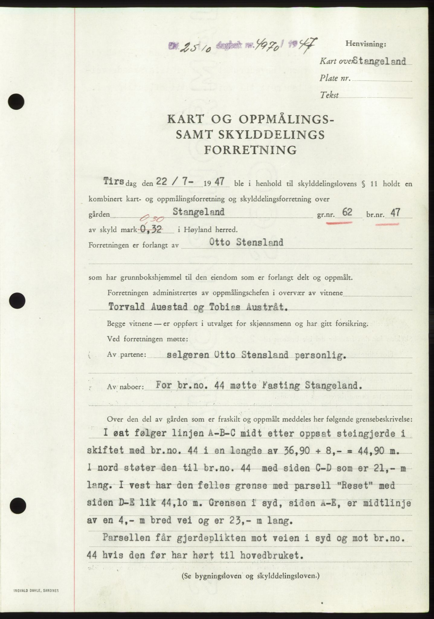 Jæren sorenskriveri, SAST/A-100310/03/G/Gba/L0096: Pantebok, 1947-1947, Dagboknr: 4970/1947