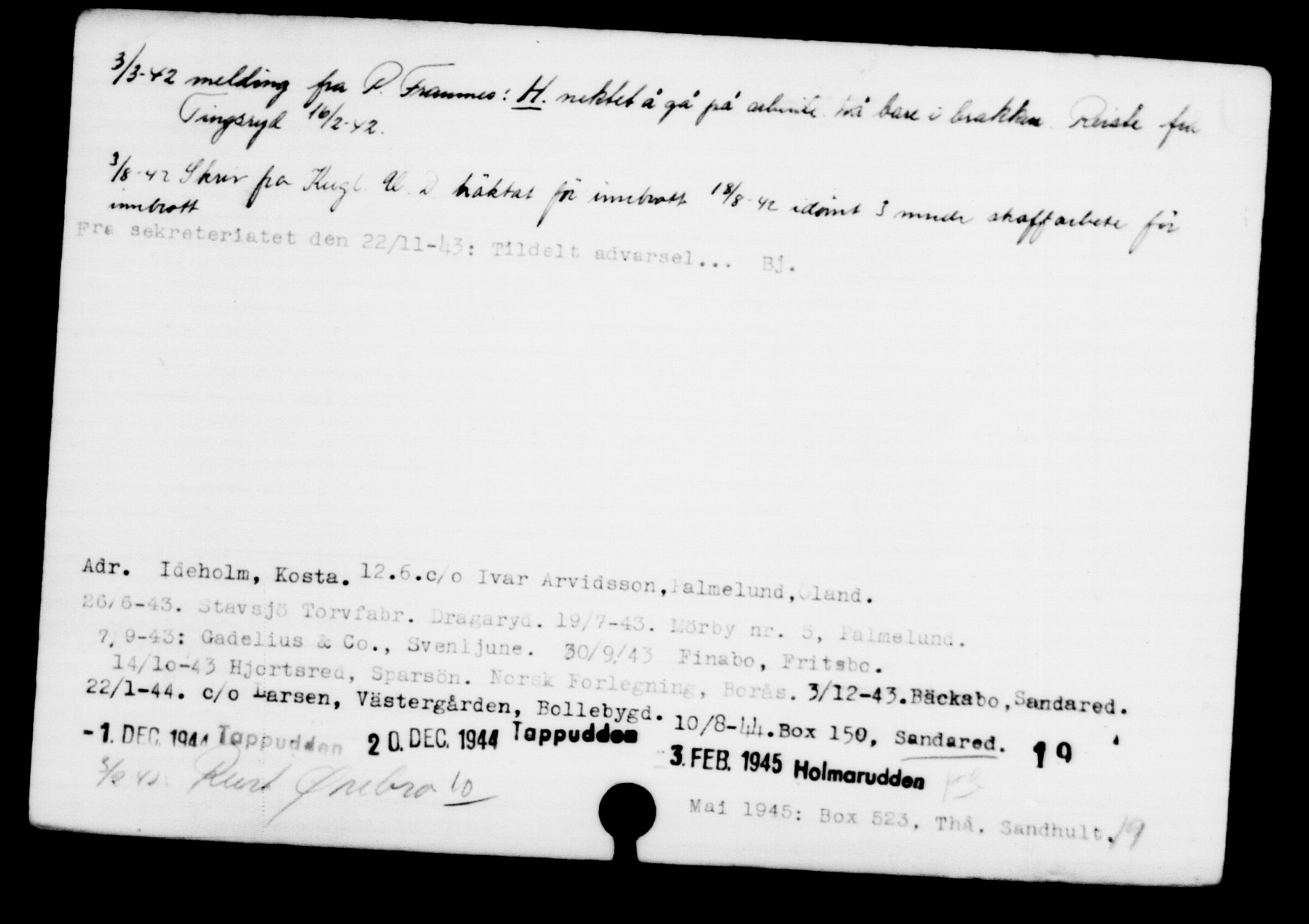Utenriksstasjonene, Legasjonen i Stockholm, Flyktningkontoret, AV/RA-S-6753/V/Va/L0001: Kjesäterkartoteket, flyktninger med registreringsnr. 1-1000, 1940-1945, s. 823