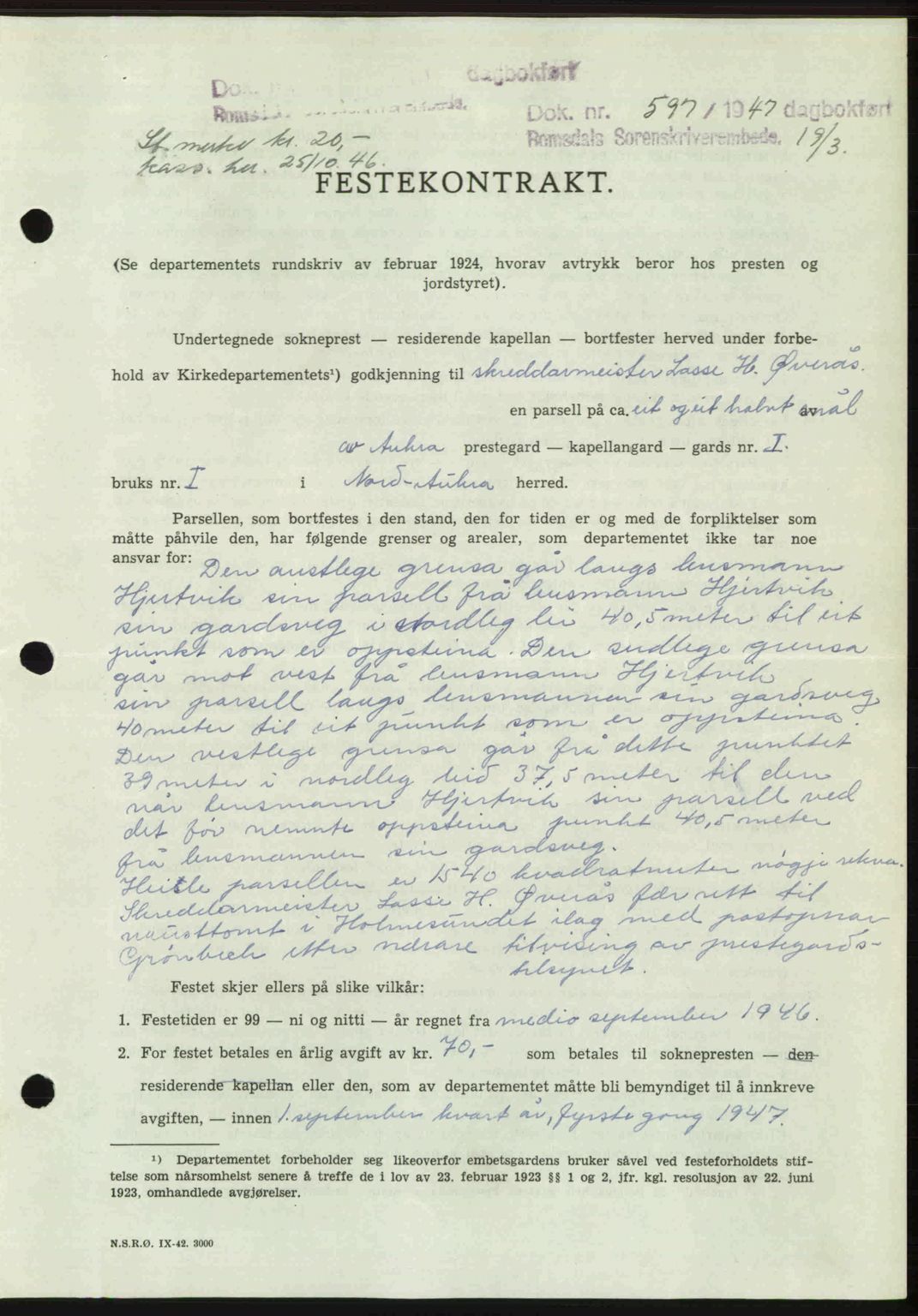 Romsdal sorenskriveri, SAT/A-4149/1/2/2C: Pantebok nr. A22, 1947-1947, Dagboknr: 597/1947