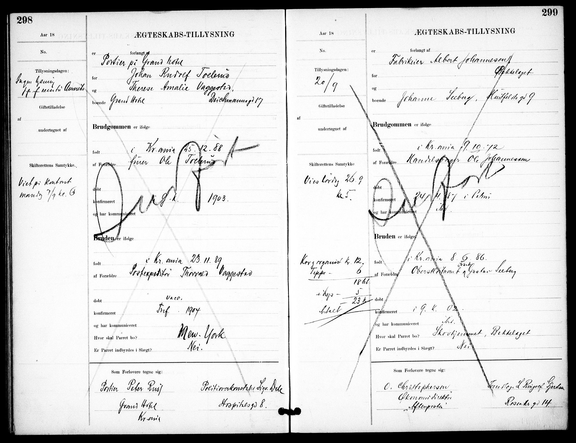 Garnisonsmenigheten Kirkebøker, AV/SAO-A-10846/H/Ha/L0008: Lysningsprotokoll nr. I 8, 1894-1908, s. 298-299