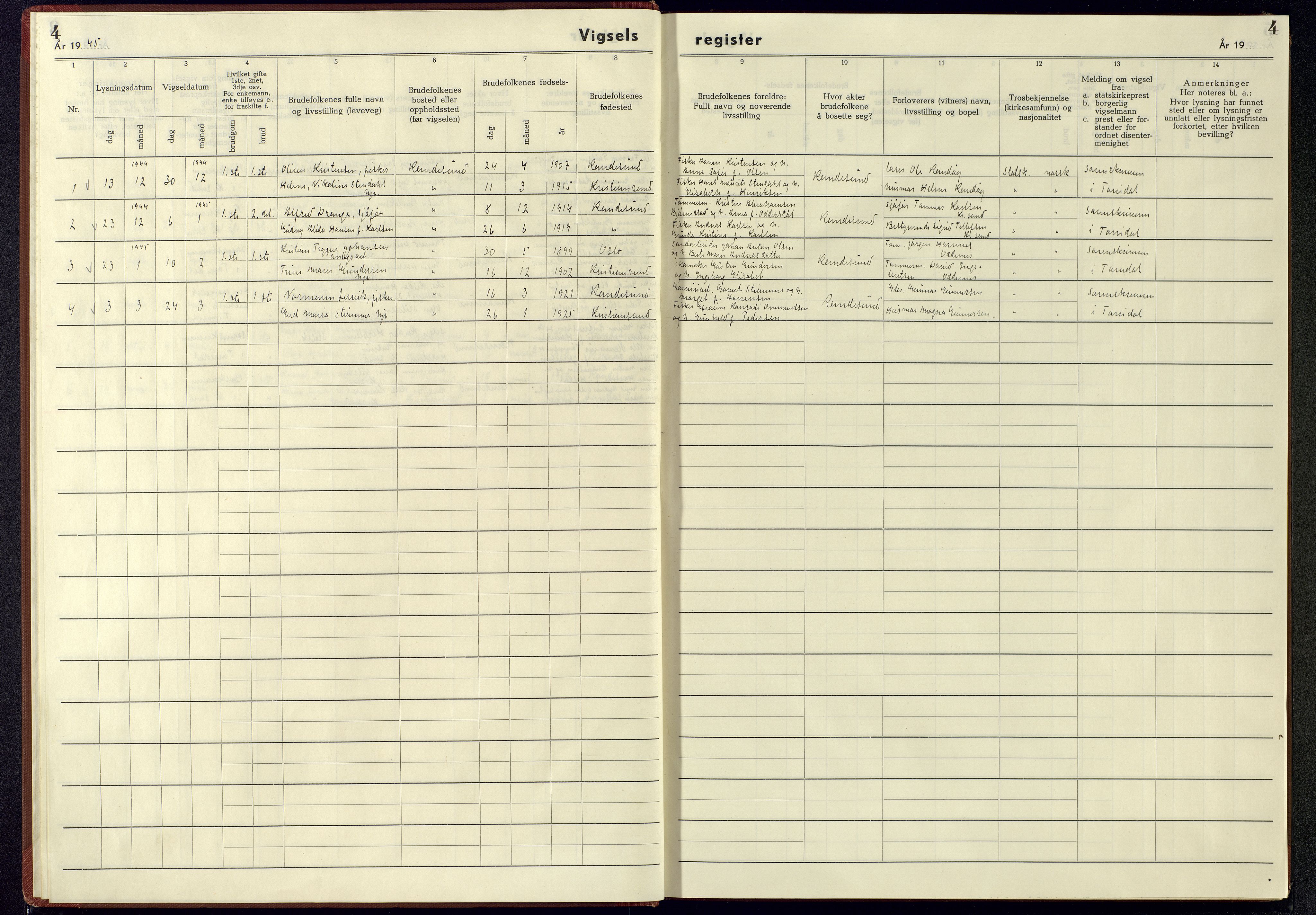 Oddernes sokneprestkontor, SAK/1111-0033/J/Jb/L0006: Vigselsregister nr. 6, 1942-1945, s. 4