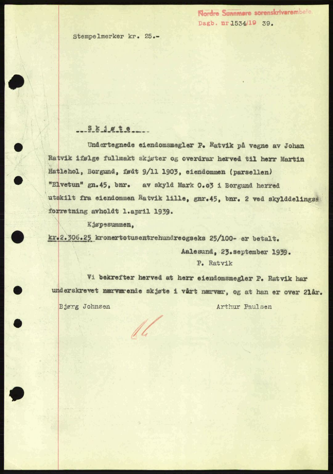 Nordre Sunnmøre sorenskriveri, SAT/A-0006/1/2/2C/2Ca: Pantebok nr. A7, 1939-1939, Dagboknr: 1534/1939