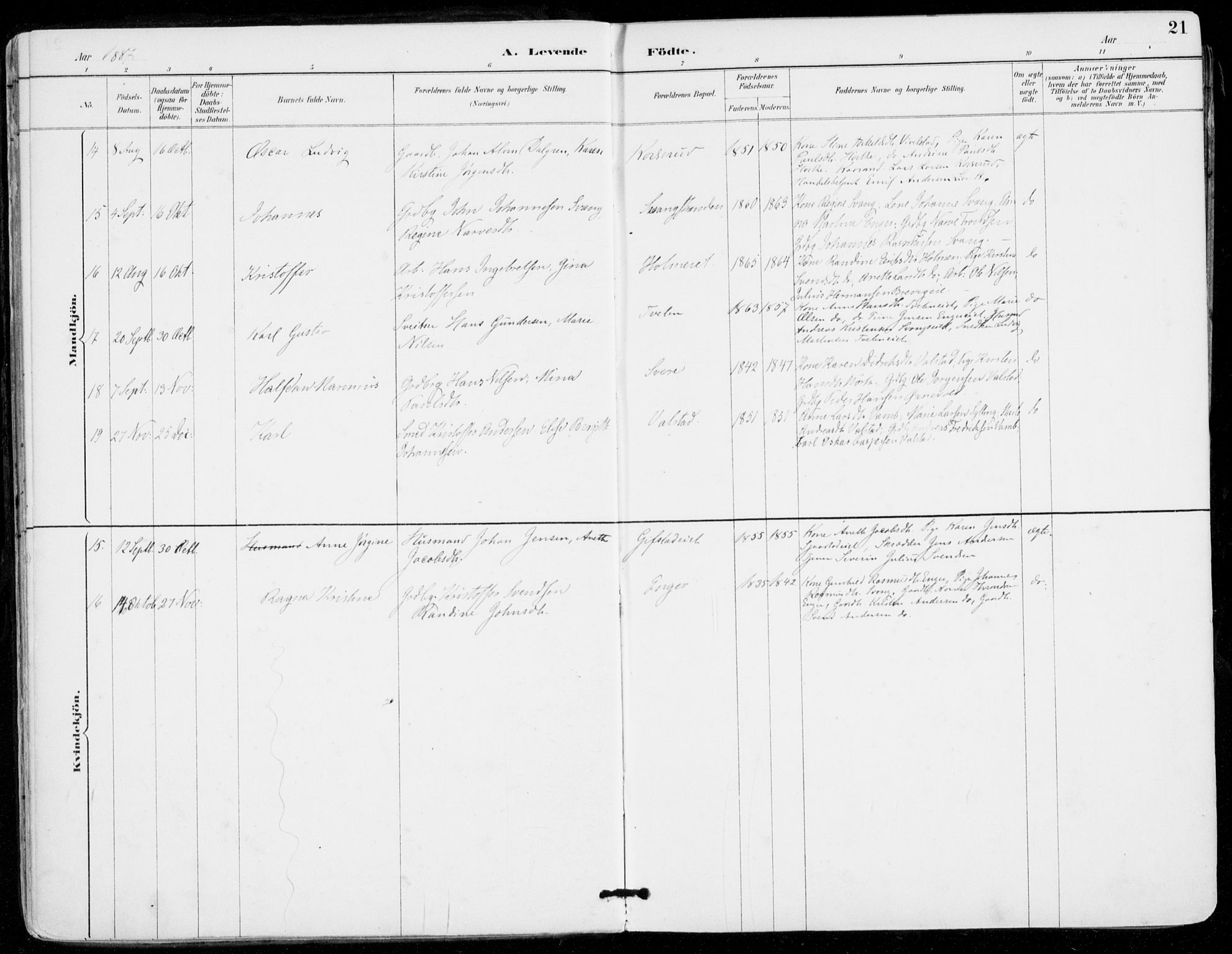 Sylling kirkebøker, AV/SAKO-A-247/F/Fa/L0001: Ministerialbok nr. 1, 1883-1910, s. 21